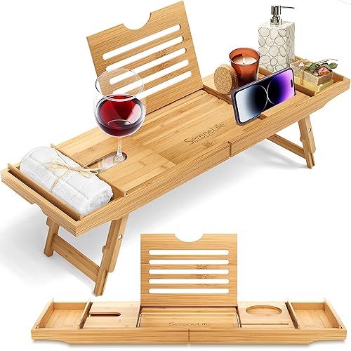 SereneLife Bath Caddy Breakfast Tray Combo - Natural Bamboo Wood Waterproof Tub and Bed with Folding Slide-Out Arms, Device Grooves, Wine Glass Soap Holder - 1) Standard, Hard Back