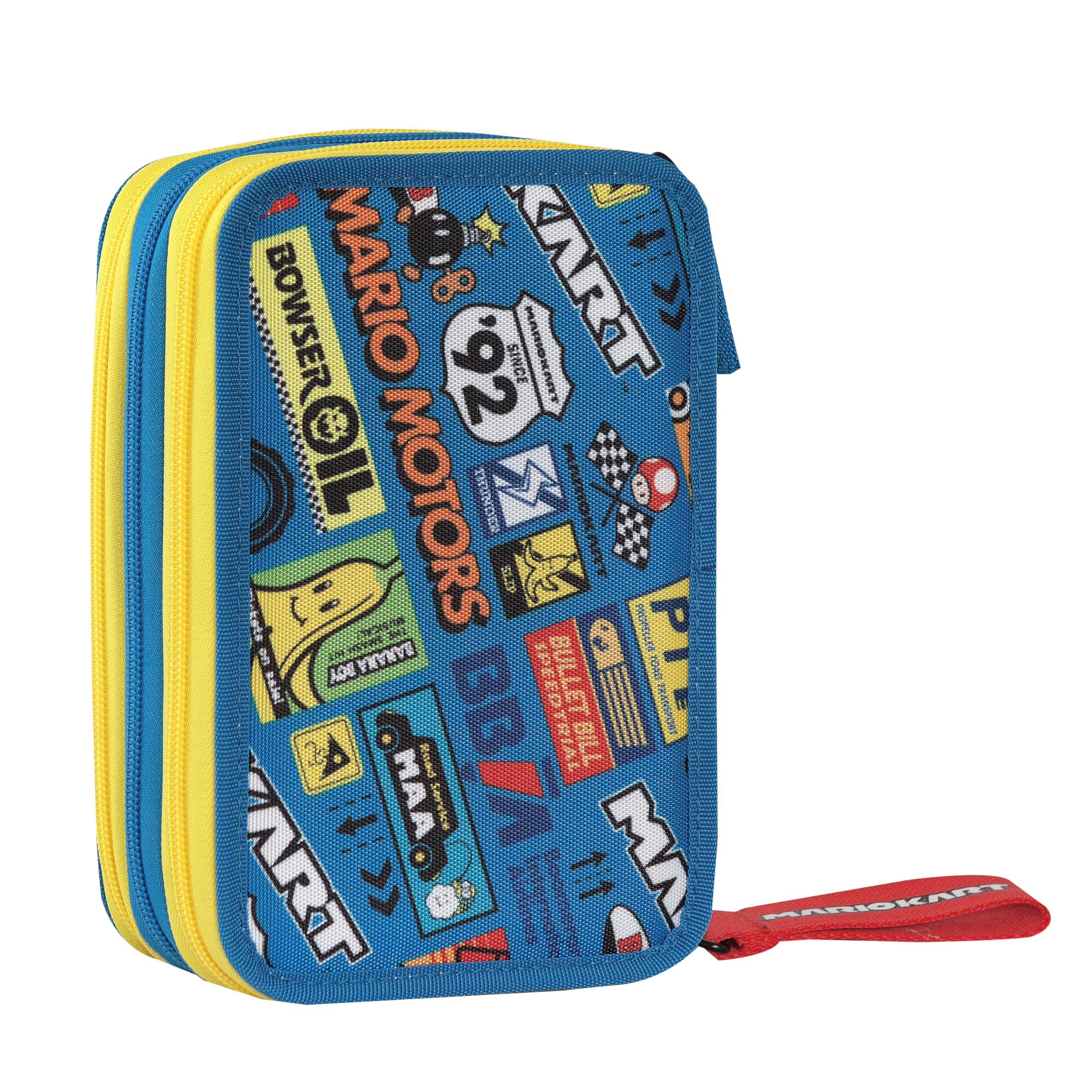 MARIO KART - Astuccio Scuola Ufficiale Mario Kart, Astuccio 3 Scomparti Bambino e Bambina con Set Cancelleria, Penna Cancellabile Blu e Pratica Chiusura a Zip