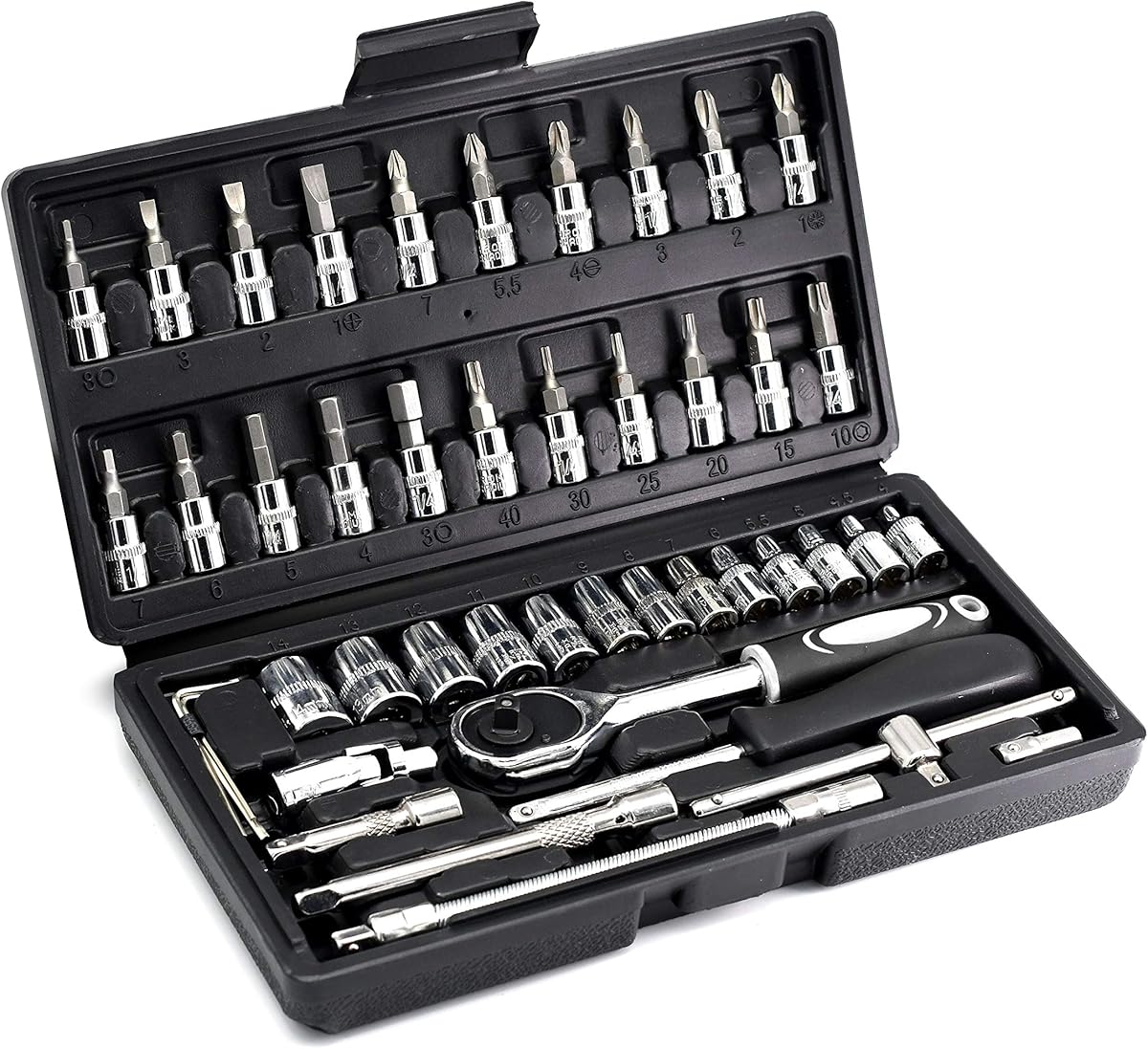 LUOWAN 46 Piece 1/4 Inch Drive Socket Set&Tool Sets,Ratchet Wrench Set with 4-14mm Cr-V Sockets,Screwdriver Bits,Extension Bars for Household Car Bike Repair