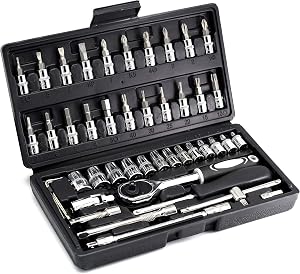 46 Piece 1/4 Inch Drive Socket Set&Tool Sets,Ratchet Wrench Set with 4-14mm Cr-V Sockets,Screwdriver Bits,Extension Bars for Household Car Bike Repair