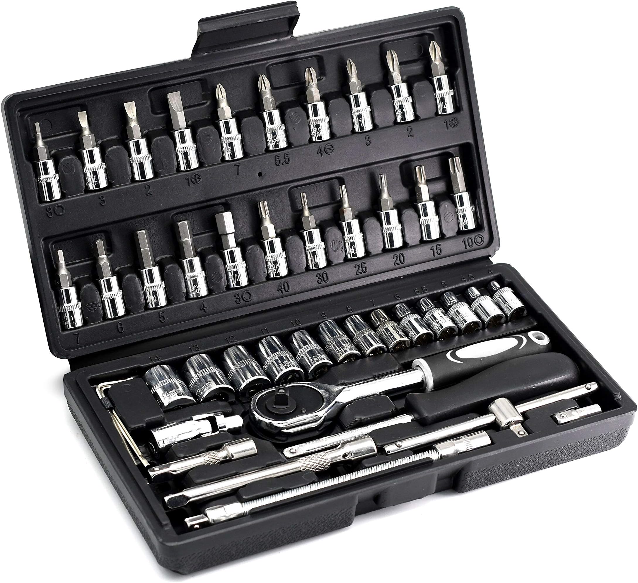 46 Piece 1/4 Inch Drive Socket Set&Tool Sets,Ratchet Wrench Set with 4-14mm Cr-V Sockets,Screwdriver Bits,Extension Bars for Household Car Bike Repair
