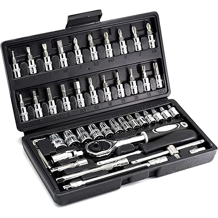46 Piece 1/4” Socket Wrench Set Metric Tool Kit with Wrench Handle, Extension Bars, Flexible Extension Rods,Sockets,Bits, Quick Release Reversible Ratchet,Socket Wrench Set for Home Car Repair