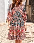 BTFBM Femmes Casual Printemps Robes d'été V Cou 3/4 manches longues Ruffle Floral Flowy Boho Babydoll Mini Robe courte de plage