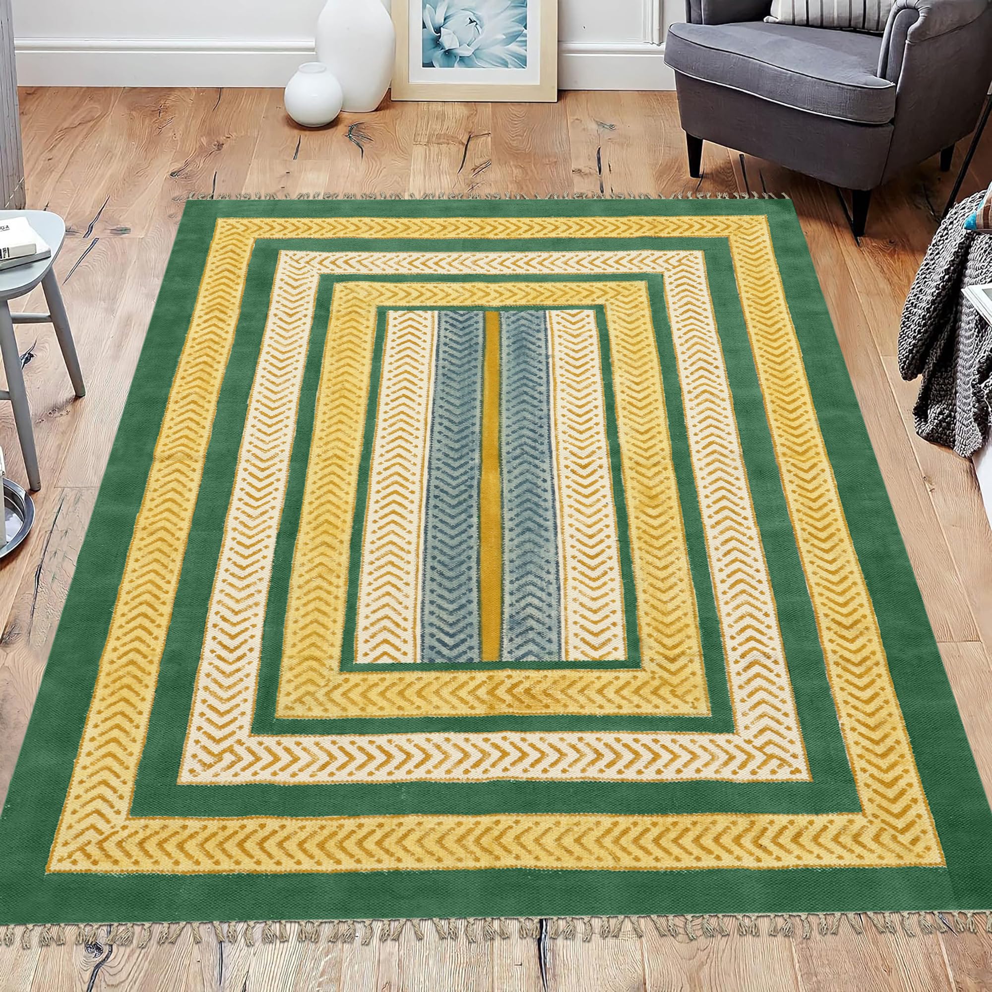 Kelim-Teppich, Baumwolle, Dhurrie-Teppich, für drinnen und draußen, Flachgewebe, stark frequentiert, für Schlafzimmer, Esszimmer, Wohnzimmer, 25,4 x 35,6 cm, Gelb und Grün