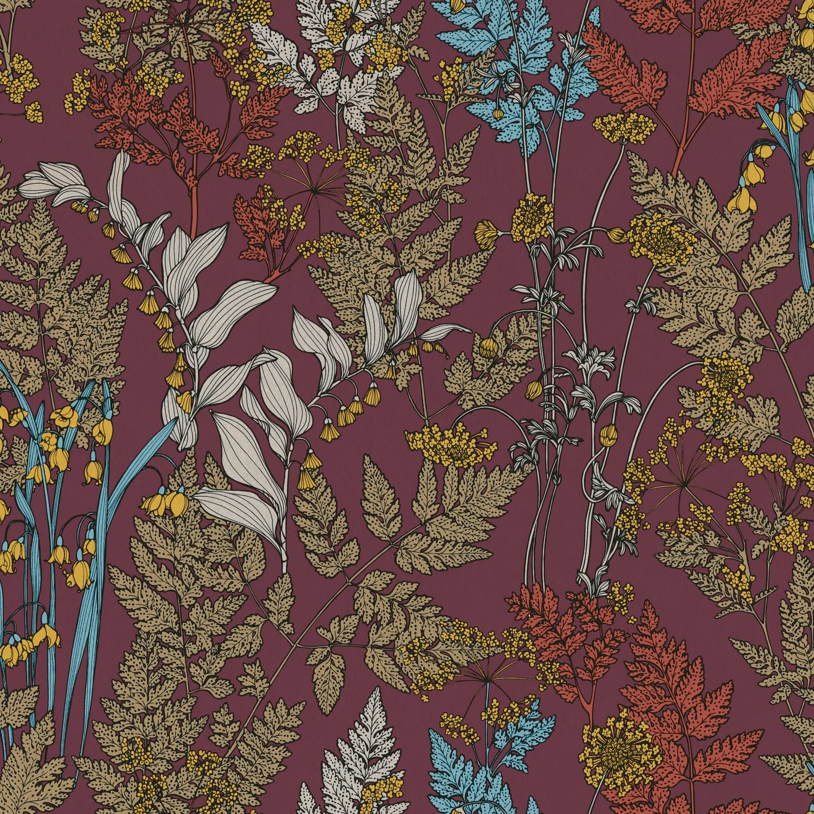 Papier peint motif fleur & feuille élégant salon | Tapisserie fleurie bordeaux pour chambre | Papier peint couloir fleuri violet