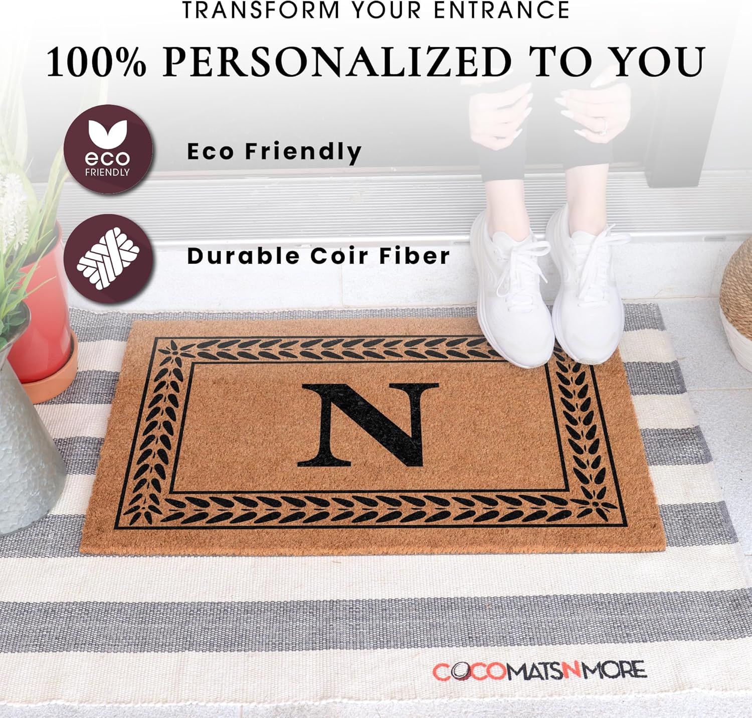 COCO MATS 'N MORE Personalized Coco Coir Front Door Mat – Monogrammed Welcome Porch Mat for Home Entrance, Heavy-Duty Vinyl Backing Non Slip Mat (18" x 30" |Black | Leafy Vines | Made in USA)