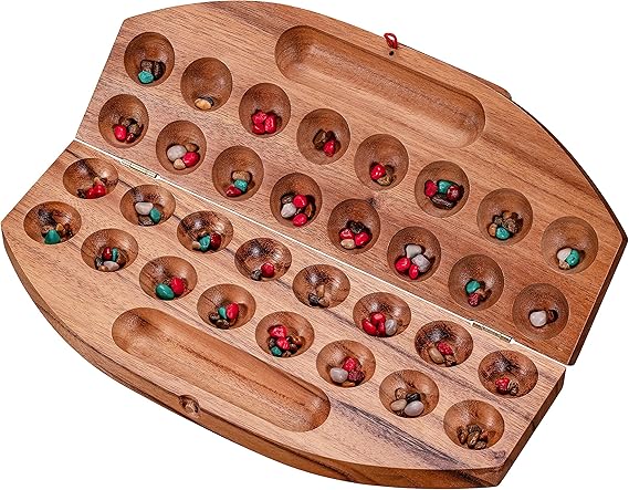 YICH Steinchenspiel Hus Bao Kalaha - Strategiespiel Aus Holz Mit 65 Edelsteinen