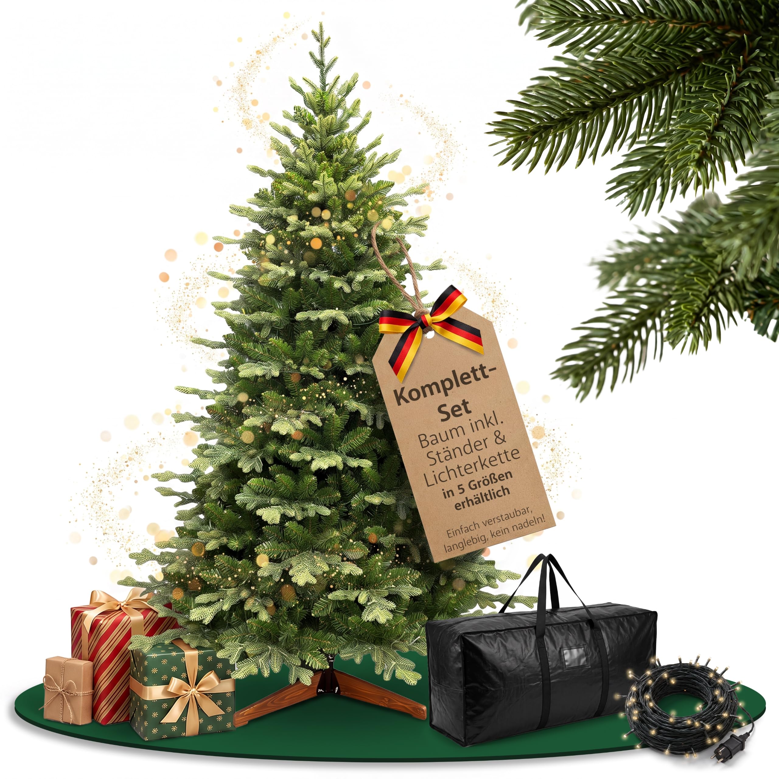 Weihnachtsbaum künstlich 210 cm wie echt, üppige Zweige naturgetreu | massiver Kiefernholz-Ständer, mit Tragetasche, zerlegbar, wiederverwendbar, kein Nadeln oder Gießen, einfache Aufbewahrung