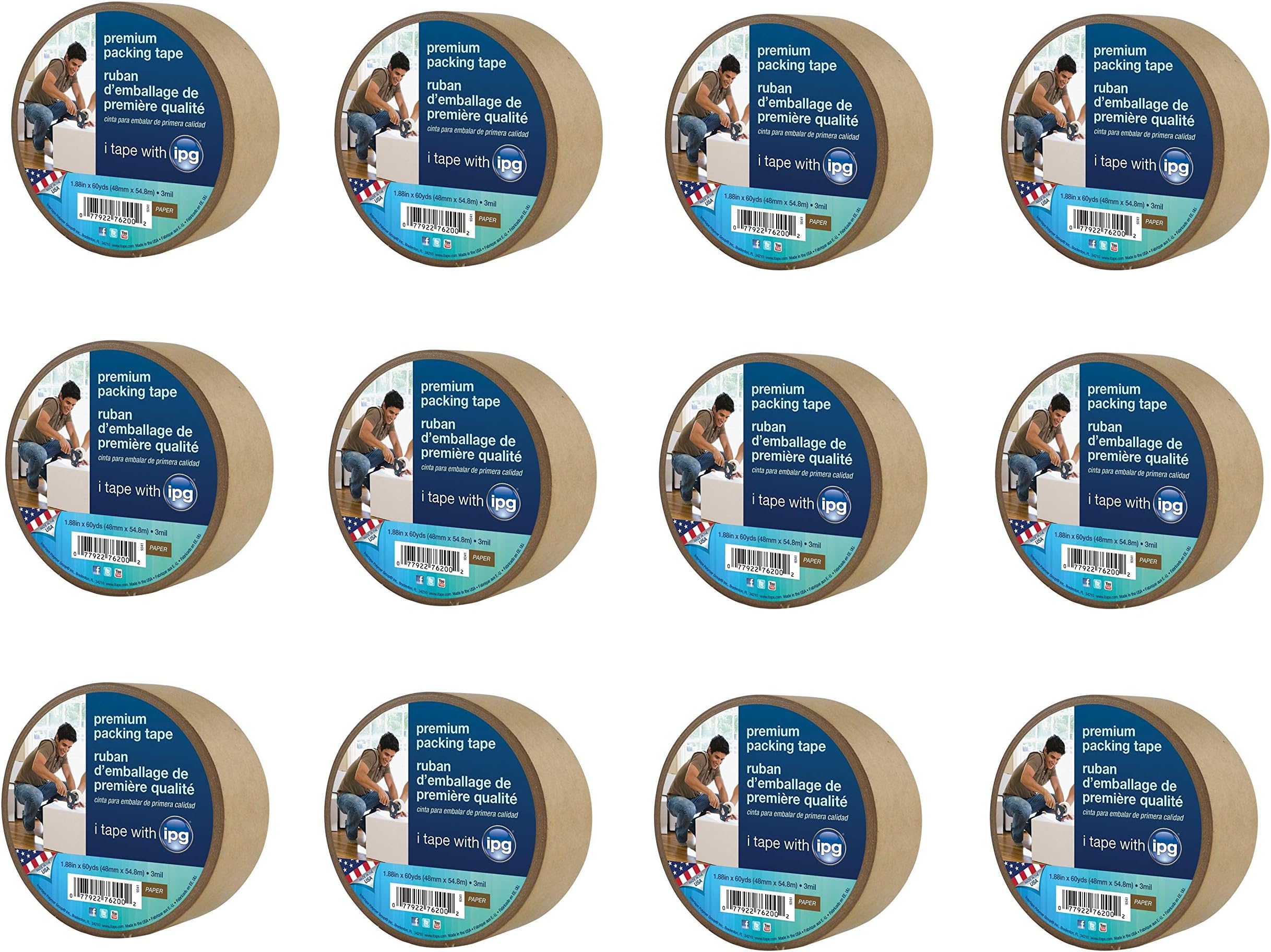 9341 Kraft Paper Flatback Carton Sealing Tape, 1.88-Inch x 60-Yard, Sold as 12 Pack