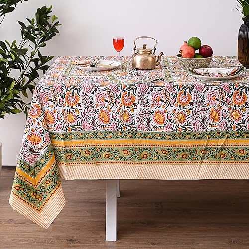 Miniatura 33 de Hand Block Printed Cotton Tablecloth – Elegant Floral Design Perfect for Dining Table Kitchen Parties Home Decor, Wall Tapestry (Peach Floral, 6