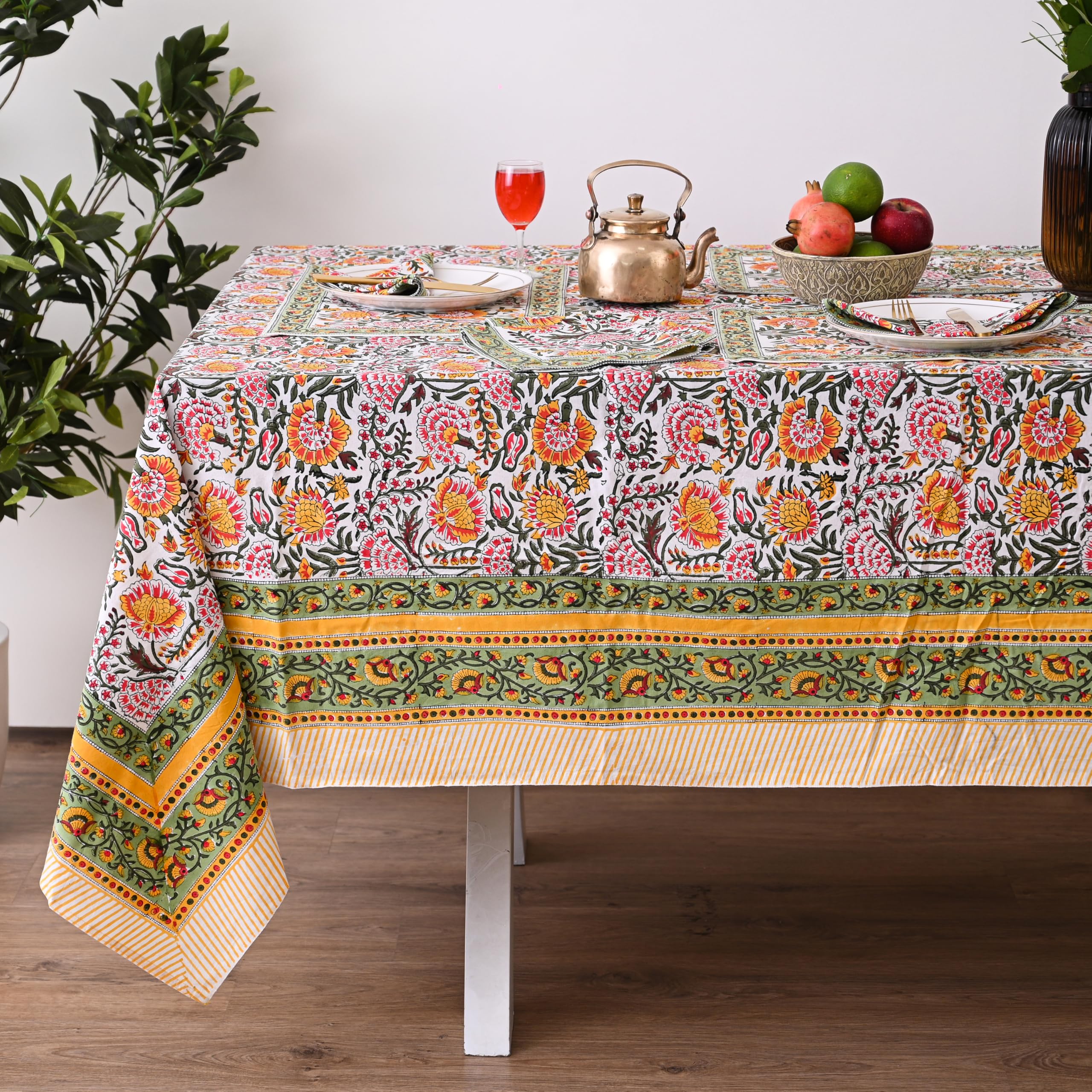 UrbanWeavers Hand Block Printed Tablecloth, Colorful Floral Print, Indian Artisan Handmade Art, Dining Room, Kitchen, Outdoor Décor, (Yellow Sunflower, 14 Seater 72 x 160 Inches Rectangle) — image 1