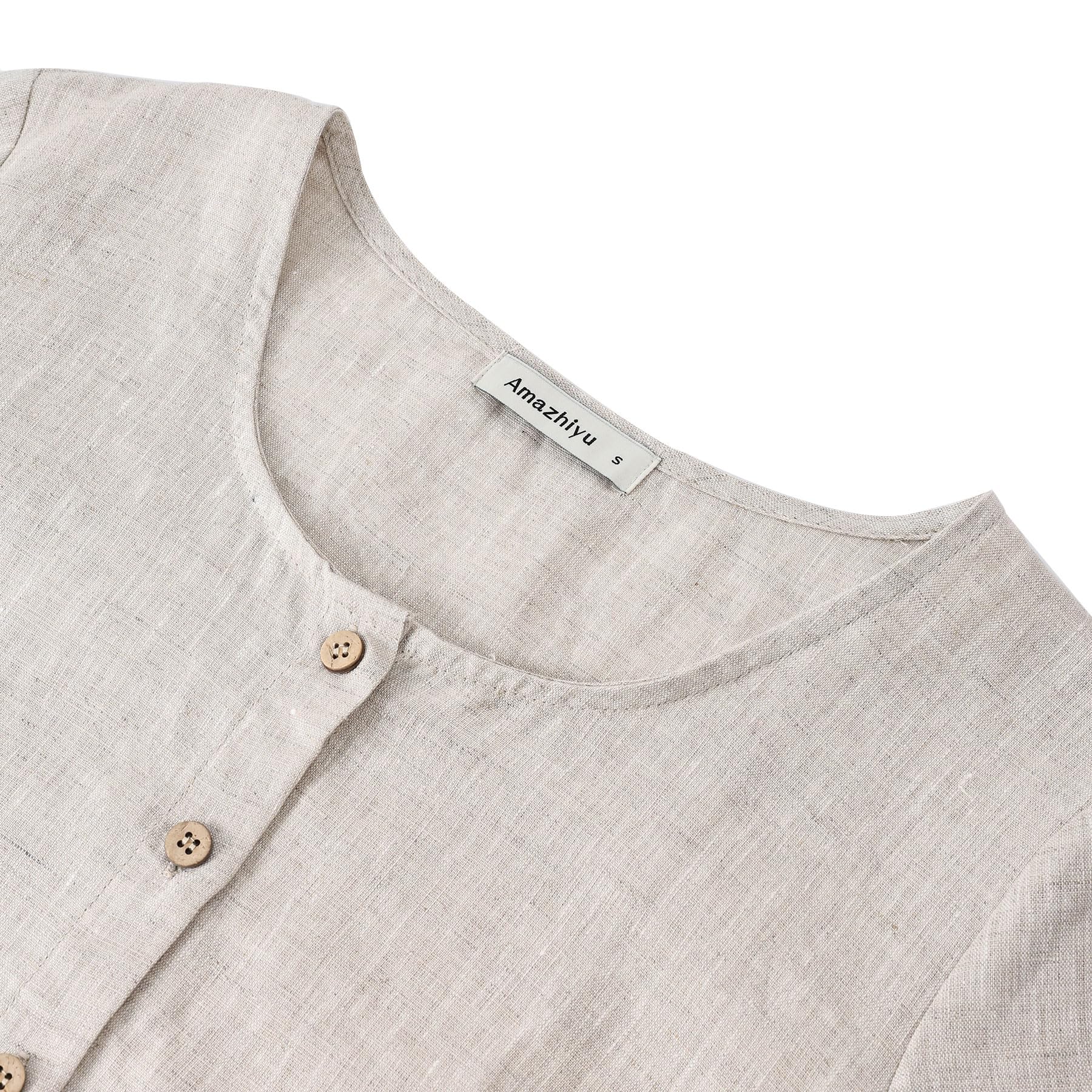 Amazhiyu Camicetta da donna in 100% lino, girocollo, manica corta, abbottonatura