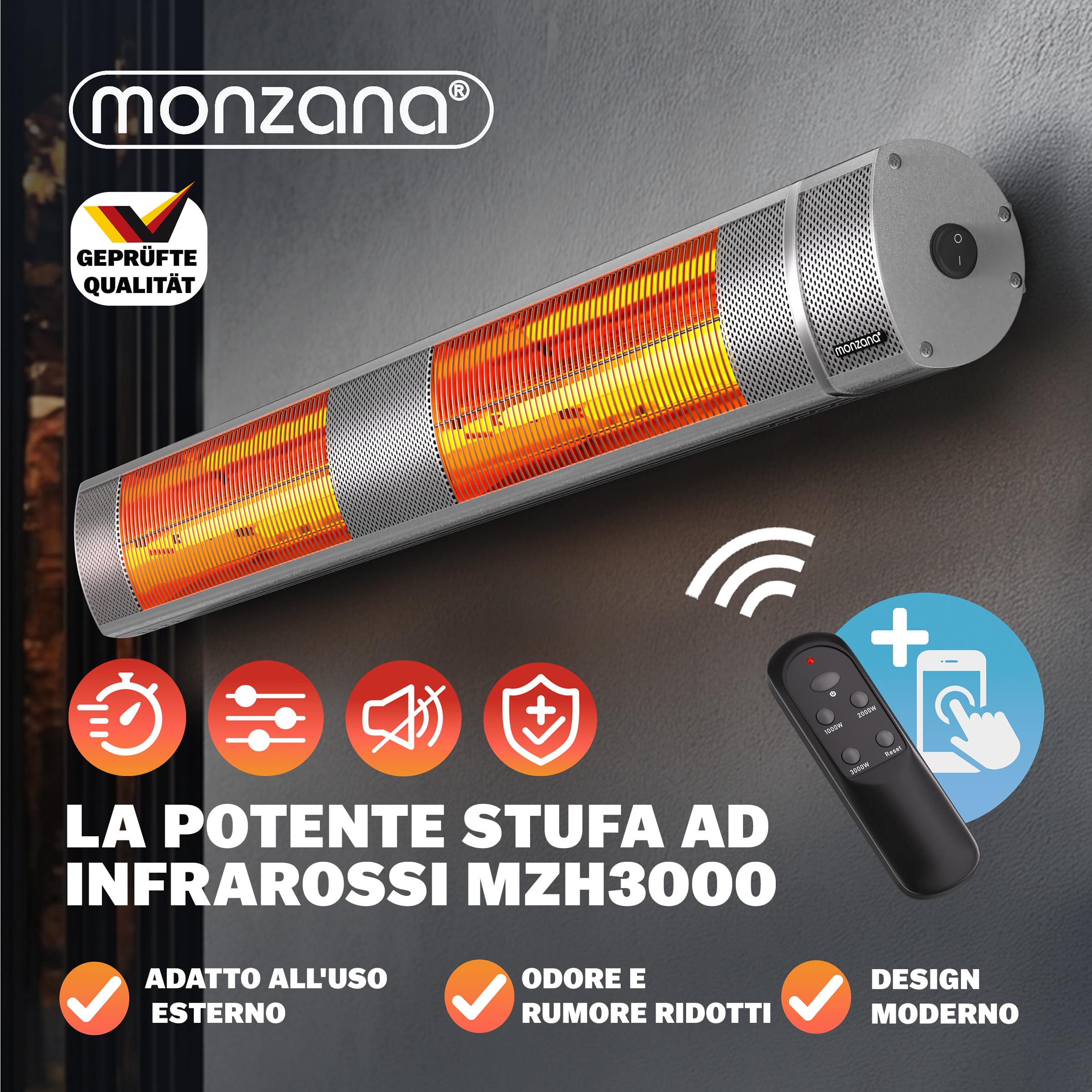 MONZANA® Stufa Elettrica a Infrarossi 3 Livelli di Calore 3000W Inclinabile di 90° Telecomando App IP55 Stufetta Fungo