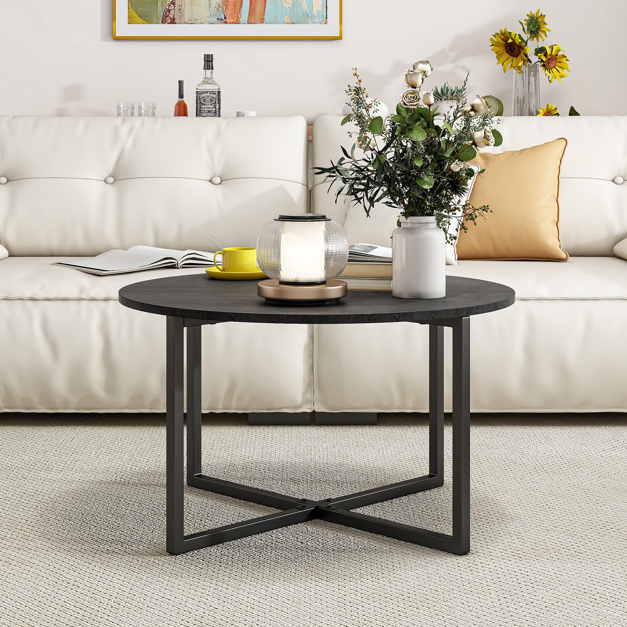 HOJINLINERO Table basse ronde pour salon avec pieds en métal, table de cocktail avec aspect bois, facile à assembler, noire