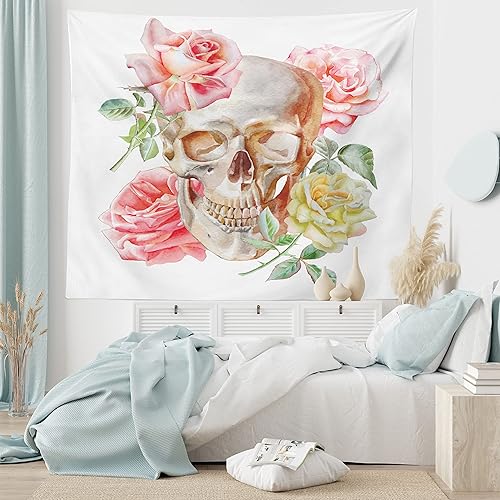 Miniatura 5 de Ambesonne Tapiz de calavera, calavera con rosas vivos y muertos, diseño romántico de cara malvada, para colgar en la pared para dormitorio, sala de