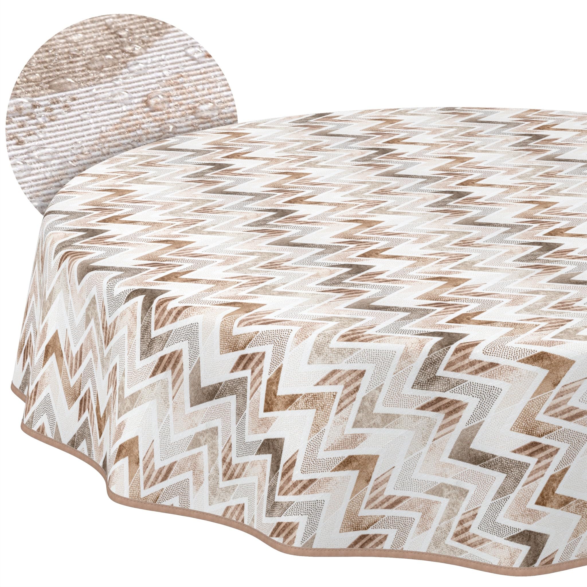ANRO Washable Tablecloth Zigzag Round 140 cm - Water-Repellent Indoor Outdoor Lotus Effect with Hem