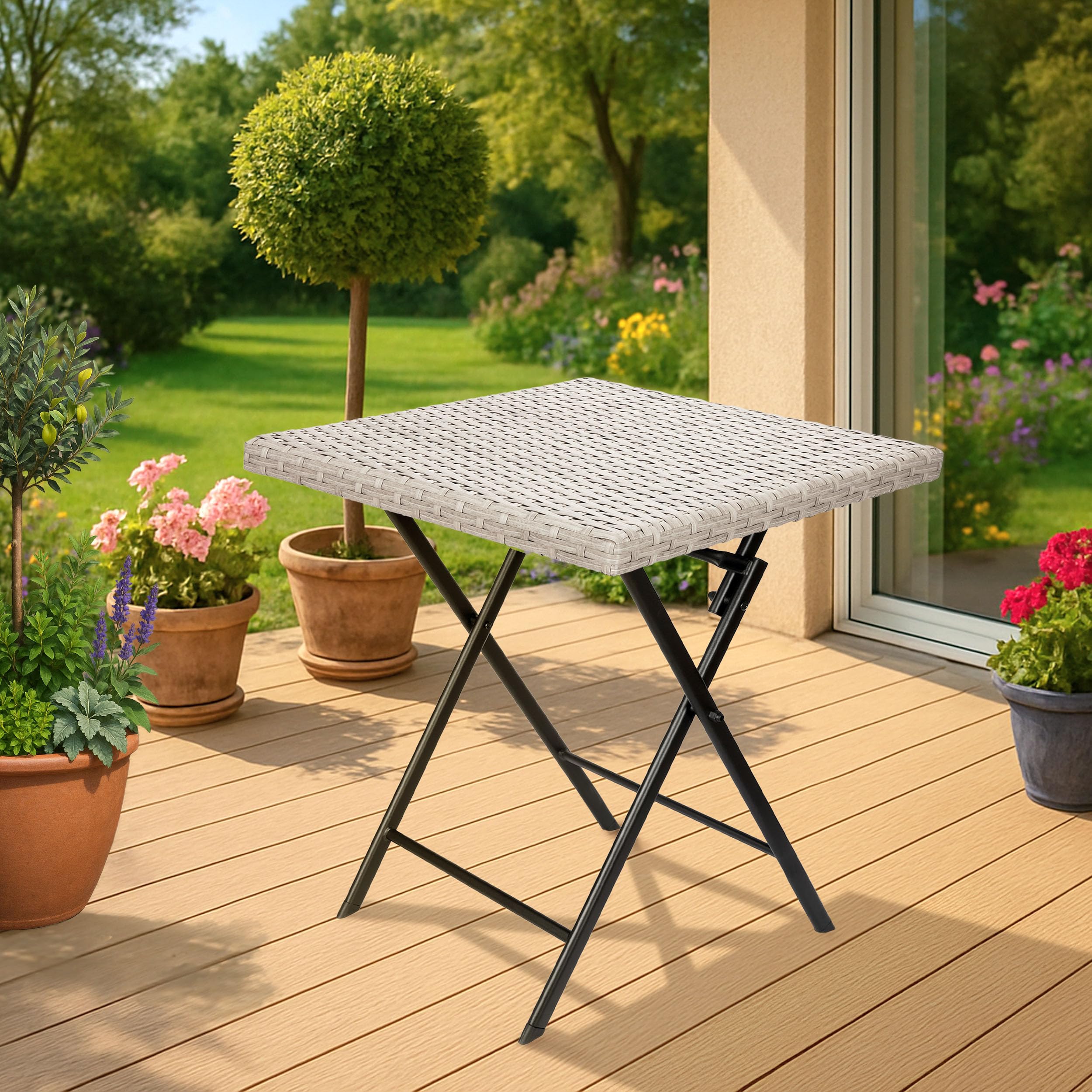 BRUBAKER Mesa de Jardín Lugano - Mesa de Balcón 58 x 58 cm Impermeable - Mesa Auxiliar Plegable de Poliratán y Metal - Mesa de Camping Cuadrada para Balcón, Terraza - Mesa Bistro - Gris Beige