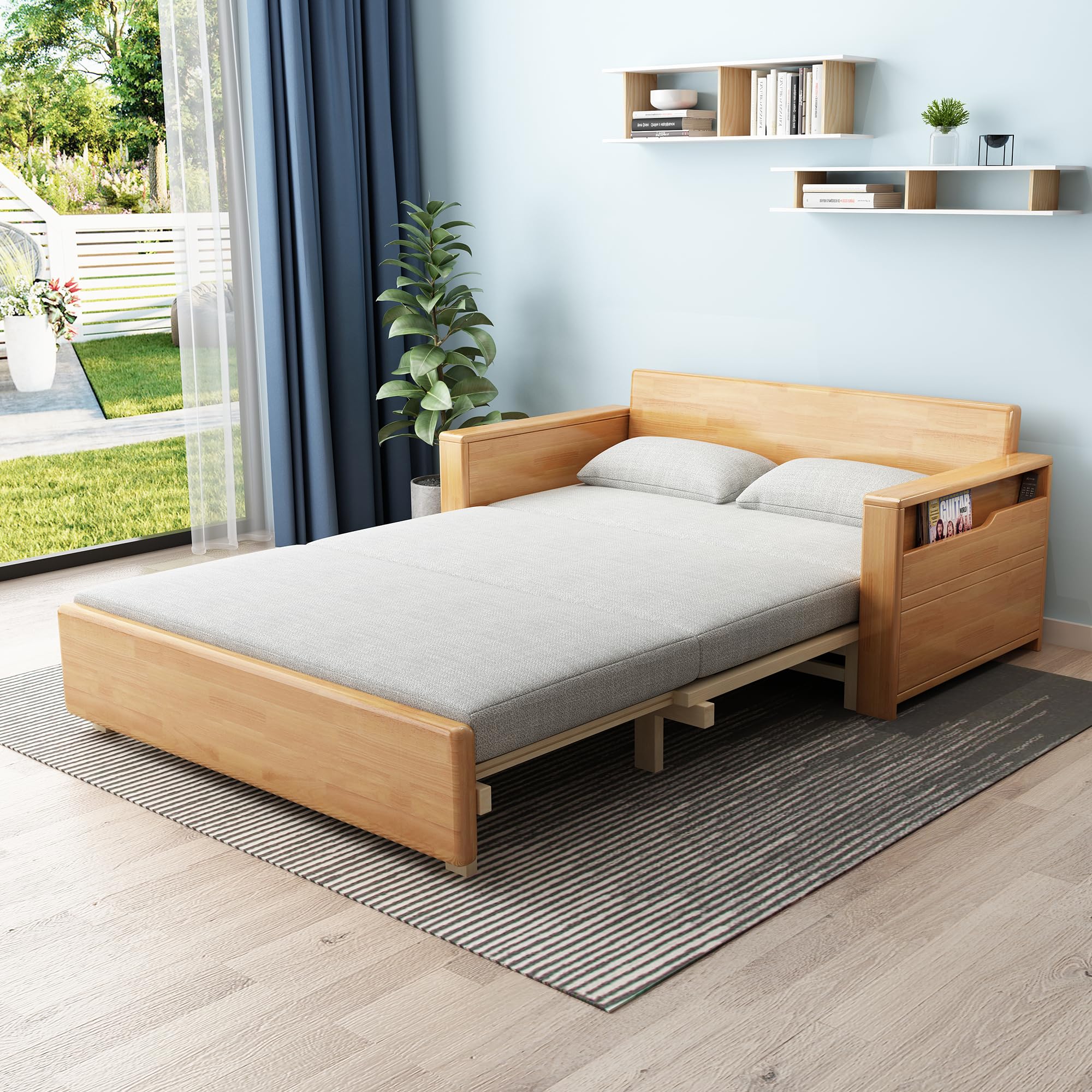 59" convertible sofa sleeper with storage,grey soft cushion sectional sleeper sofa with reversible chaise,solidwood log color couch 3 in 1 pull out