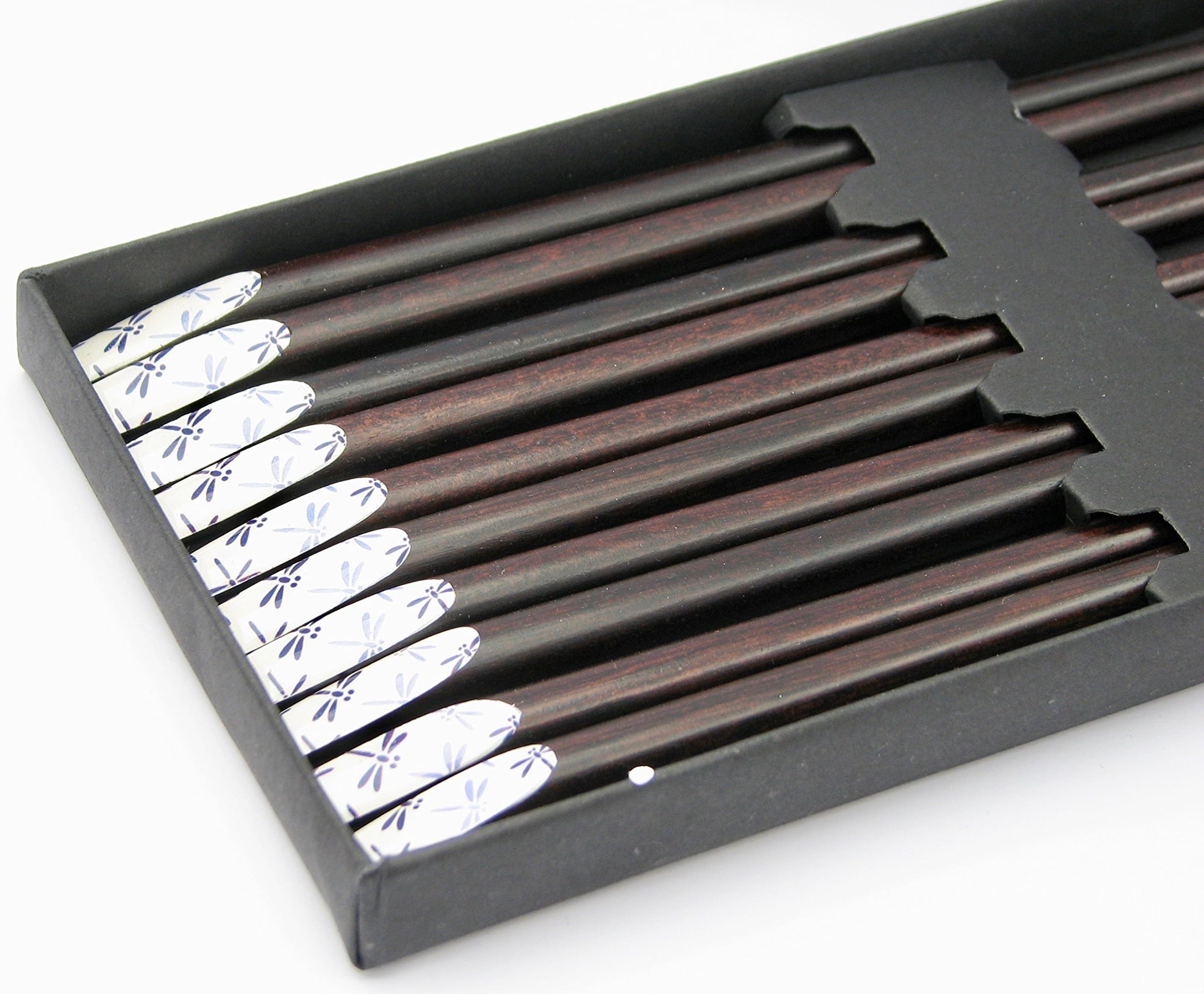 Gift Set of Five Pairs of Chopsticks Japanese Style Mahogany with Dragonfly.