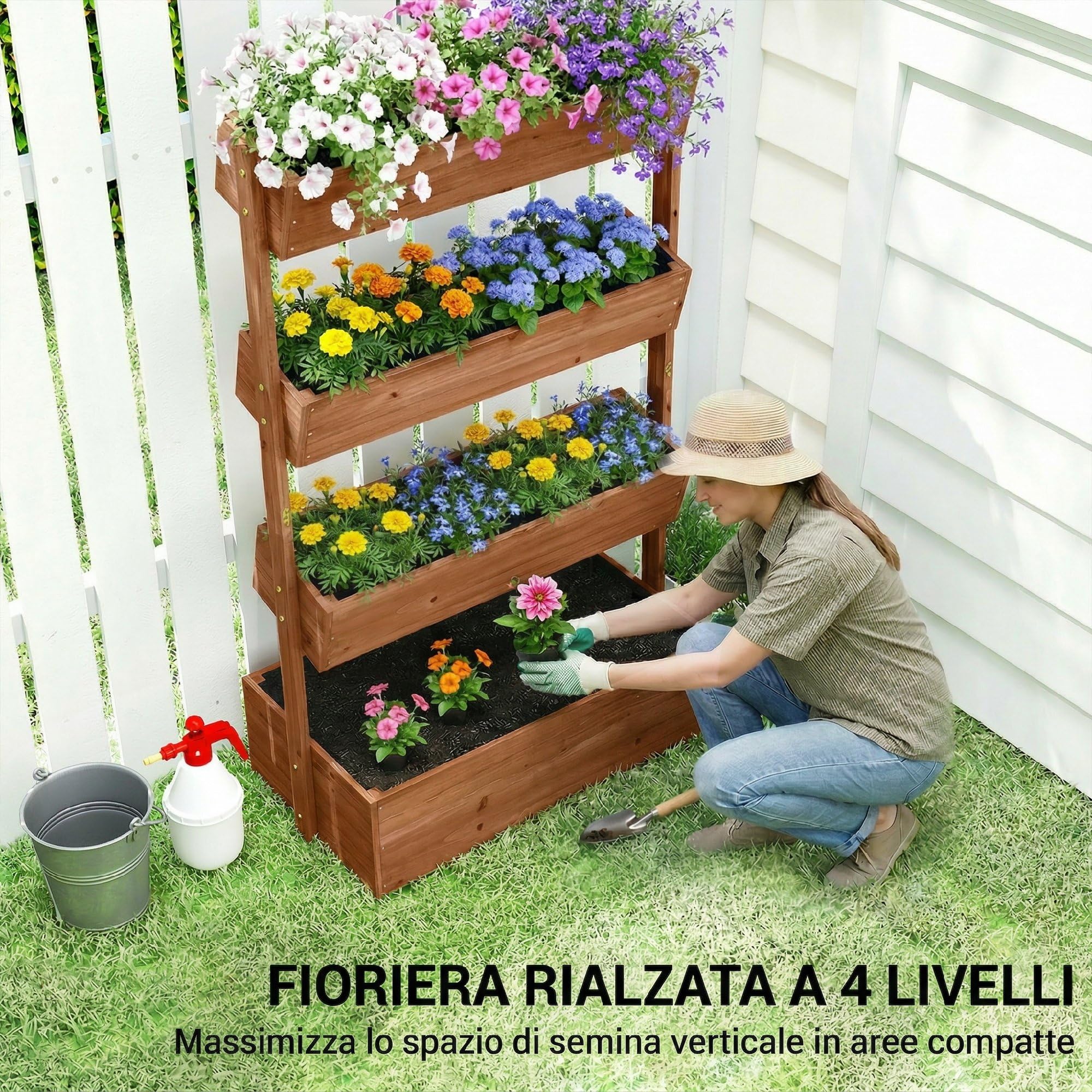 Outsunny Letto da Giardino Rialzato a 4 Livelli Fioriera Verticale in Legno per Esterni con Rivestimento in Tessuto Non Tessuto e Fori di Drenaggio per Verdure, Erbe e Fiori 85x45x140 cm Marrone