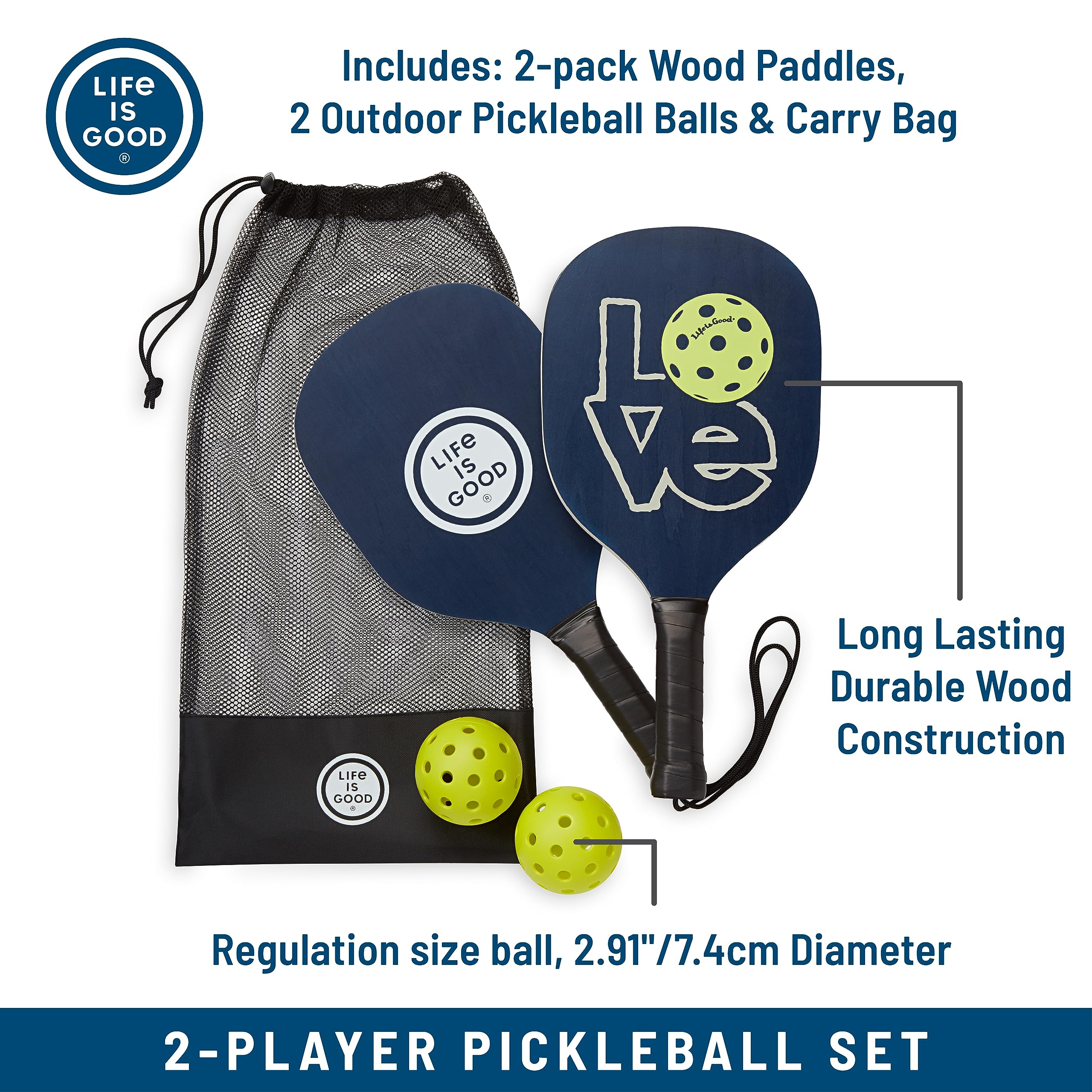 Life is Good Pickleball Starter Set – Include 2 racchette da pickleball in legno, 2 palline da pickleball di dimensioni regolari e borsa da pickleball per trasportare attrezzature per sottaceti