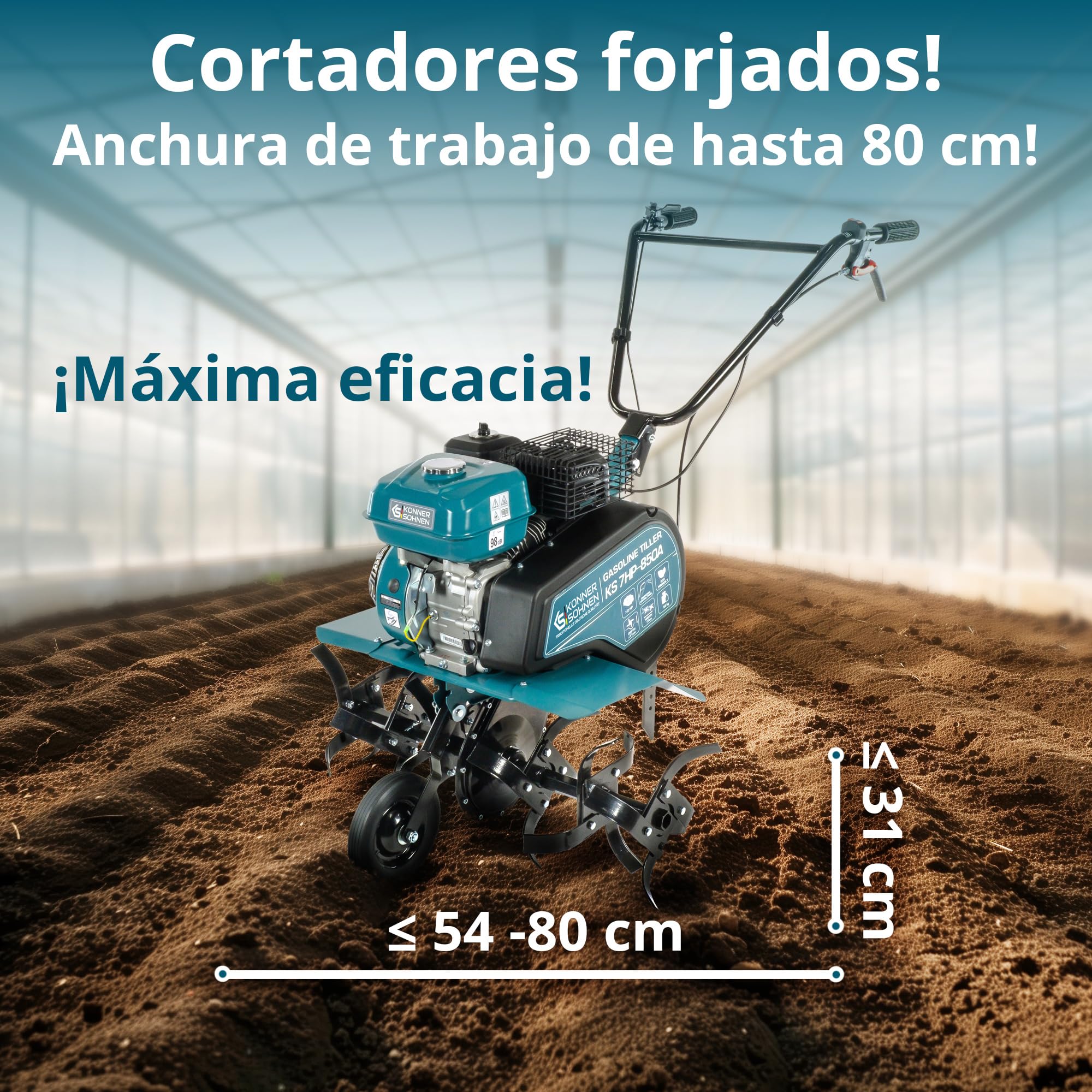 Könner & Söhnen KS 7HP-850A Cultivador de Gasolina con accionamiento por Correa, Fresa de jardín con Fresa Sable forjada, arado Ajustable, Potencia del Motor de 7 CV en Esta motobinadora