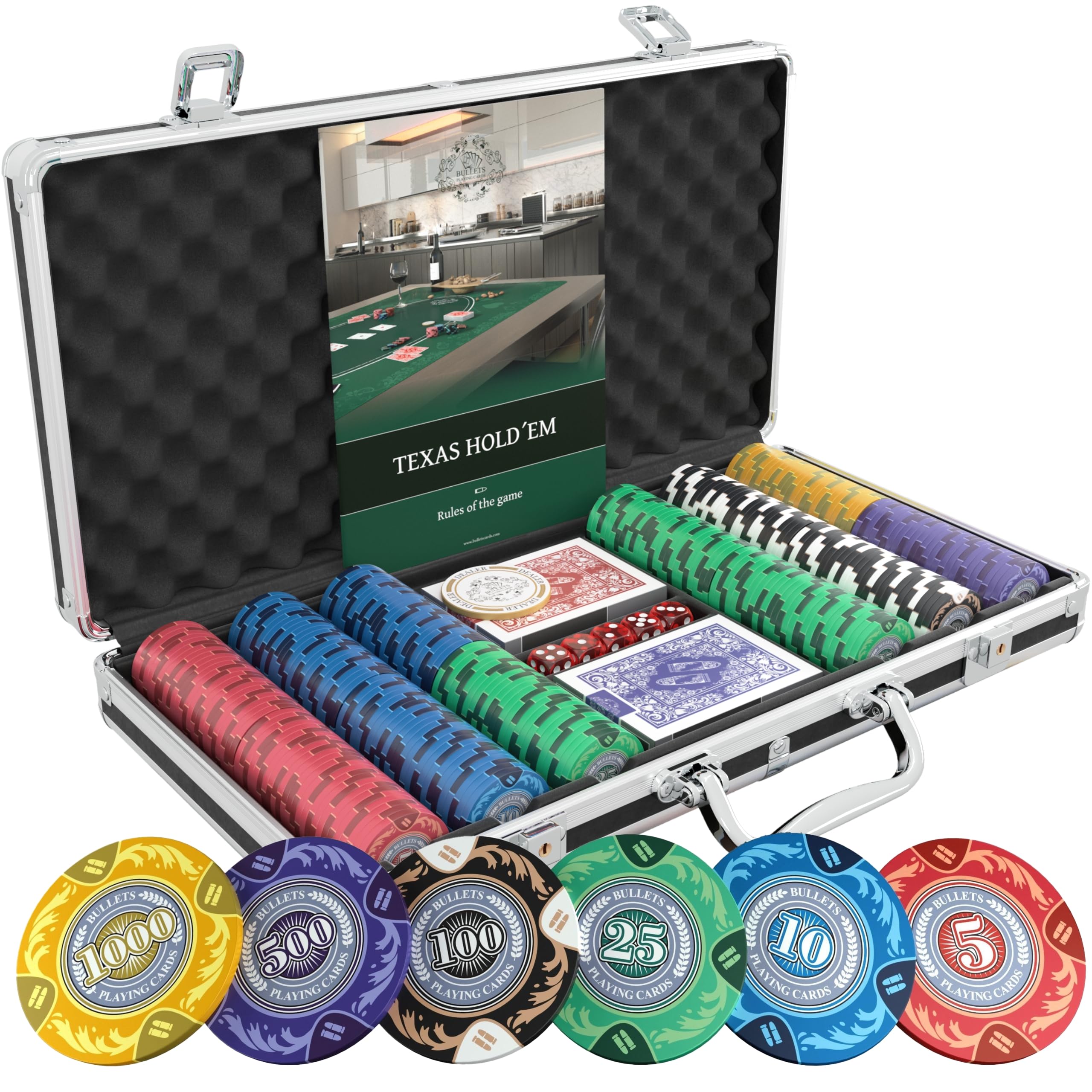 Bullets Playing Cards | Poker Set Tony | 300 Clay Poker Chips (14 g) with Aluminum Case, Plastic Playing Cards & Dice – Texas Hold’em, Numbered Values