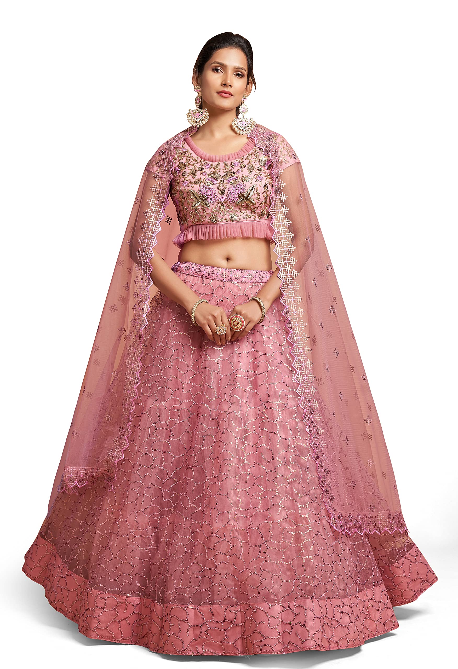 Divine EximWomen's Net Embroidered Semi-Stitched Lehenga Choli with Dupatta (7313-Pink-Wedding-Girlish-Latest-Lehenga; Free Size)