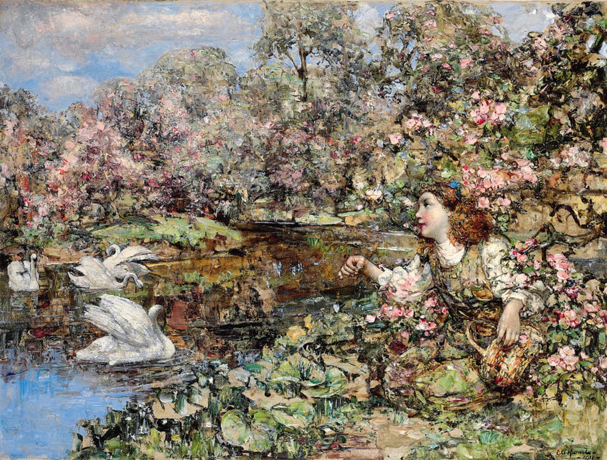 ARTXLXXBN Famous Prints Artwork Pictures Poster Painting Art Swan Pond by Edward Atkinson Hornel Artwork Landscape Pictures for Home Decor 60x90cm