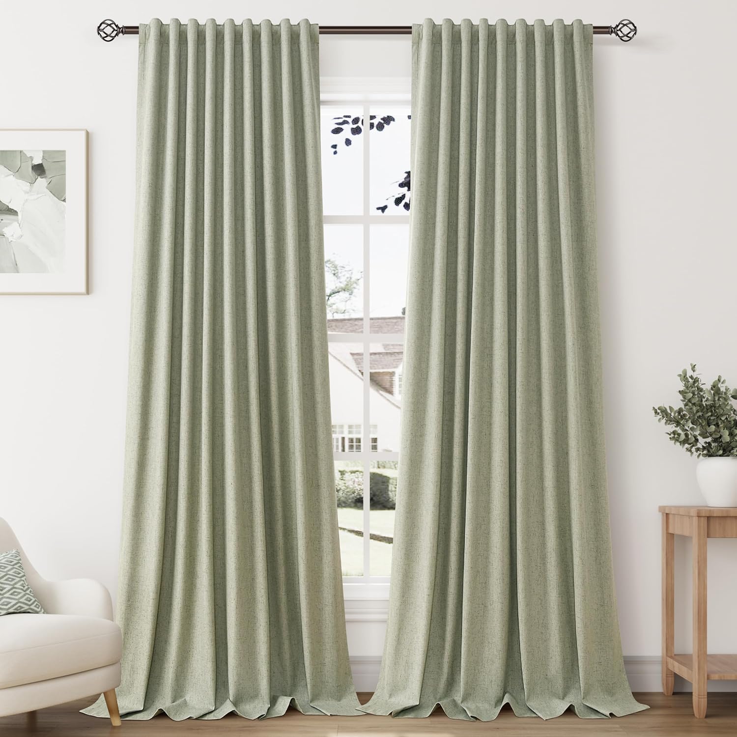 Sage Green Extra Long 100% Blackout Curtains for Bedroom 2 Panel Set Back Tab Hook Belt Thick Linen Textured Black Out Curtains 95 Inch Long Solid Color Boho Room Darkening for Living Room 52X95 Sage Green 52"W x 95"L