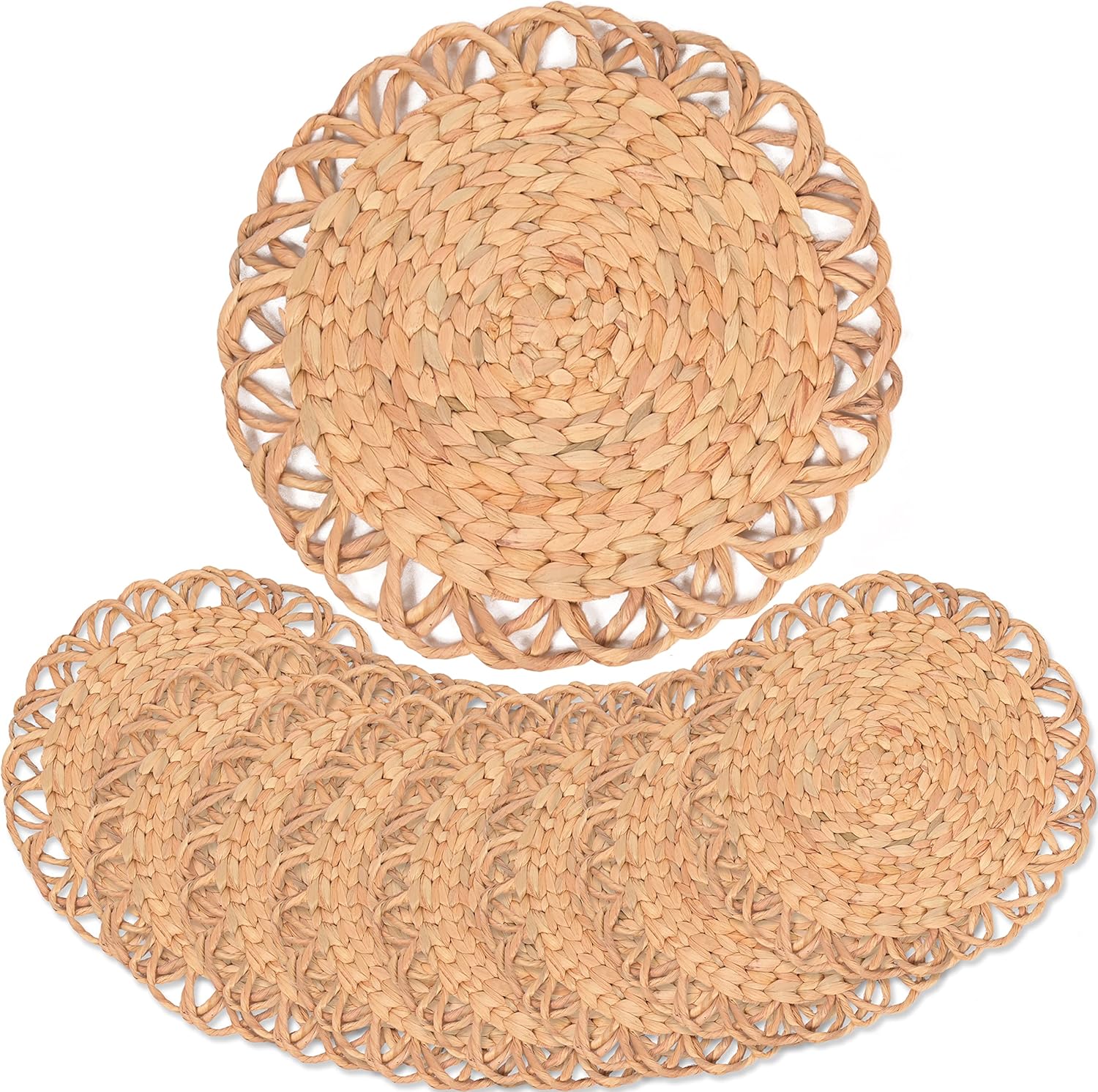 Round Woven Placemats Set of 8, Water Hyacinth Round Placemats, Plate Chargers for Dinner Plates, Individuales para Mesa De Comedor, Thanksgiving Christmas Rattan Charger Plates 13.4 in