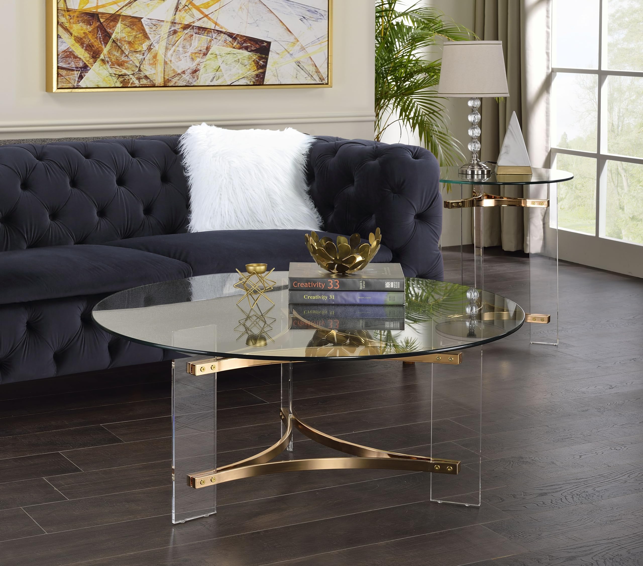 Sosi Gold Finish Coffee Table Round 41 in Tempered Glass 10mm Metal Acrylic Frame Gold Modern Living Room