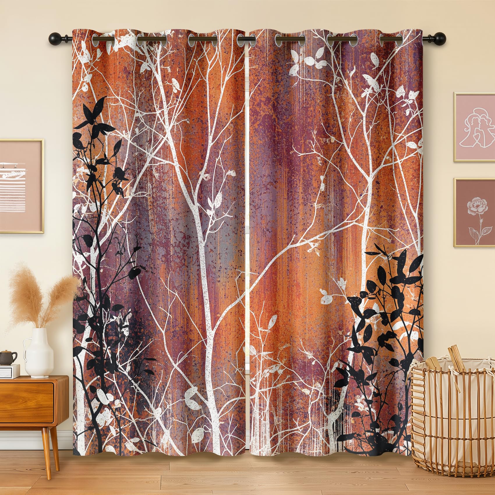 Havenix Tree Branch Blackout Curtains for Bedroom Living Room, Eyelet Curtains 183cm Drop, Thermal Insulated Drapes for Windows, Rust Burnt Orange Patterned Window Treatments, 2 Panels