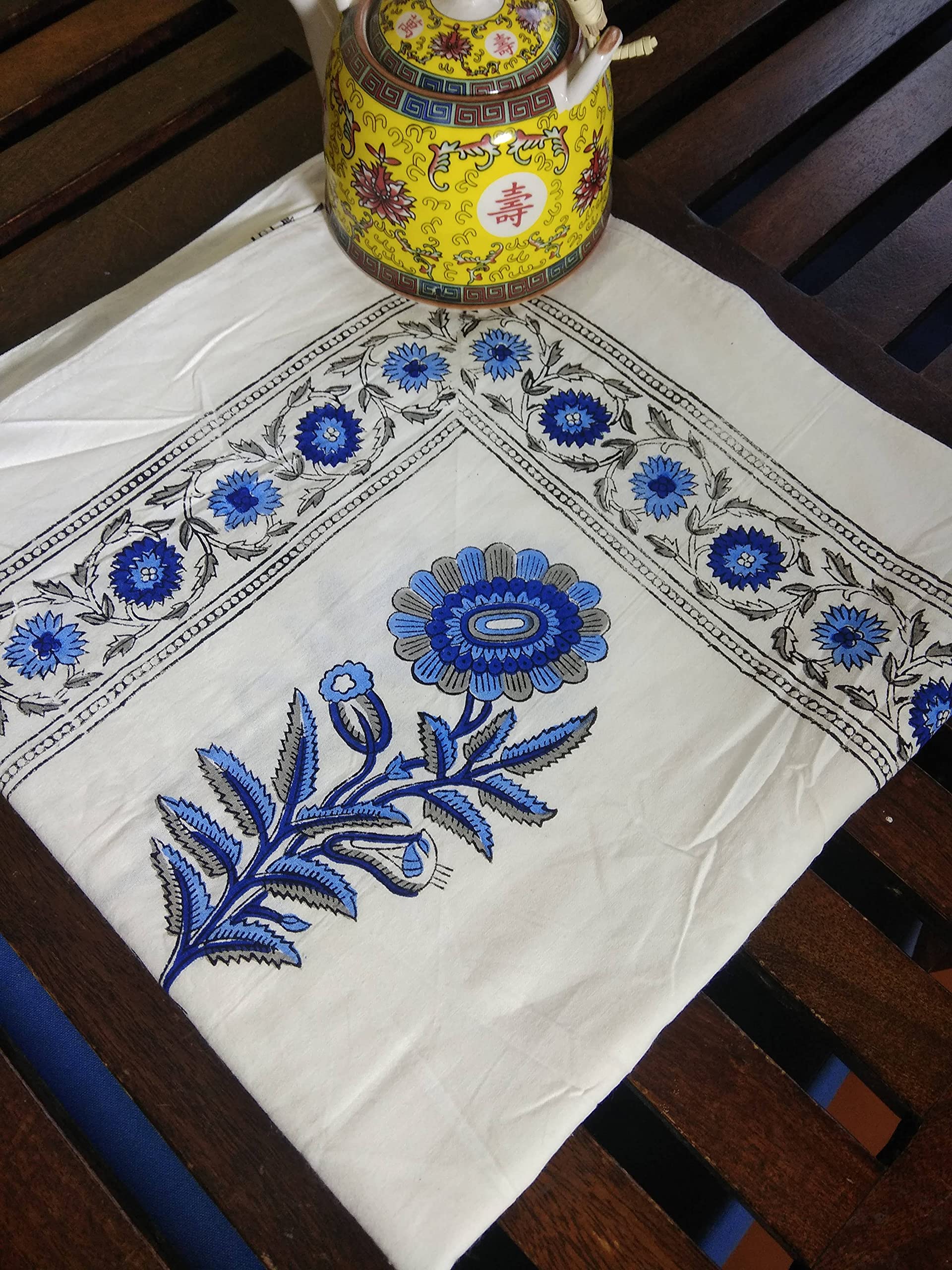 Moriyo Square 4 Seater Table Cover/Table Cloth/Table Protector Blue Colour Sunflower Design Hand Block Printed with Natural Colour 100% Cotton Fabric Super Soft 60x60 Inc 152x152 cm Tc 320