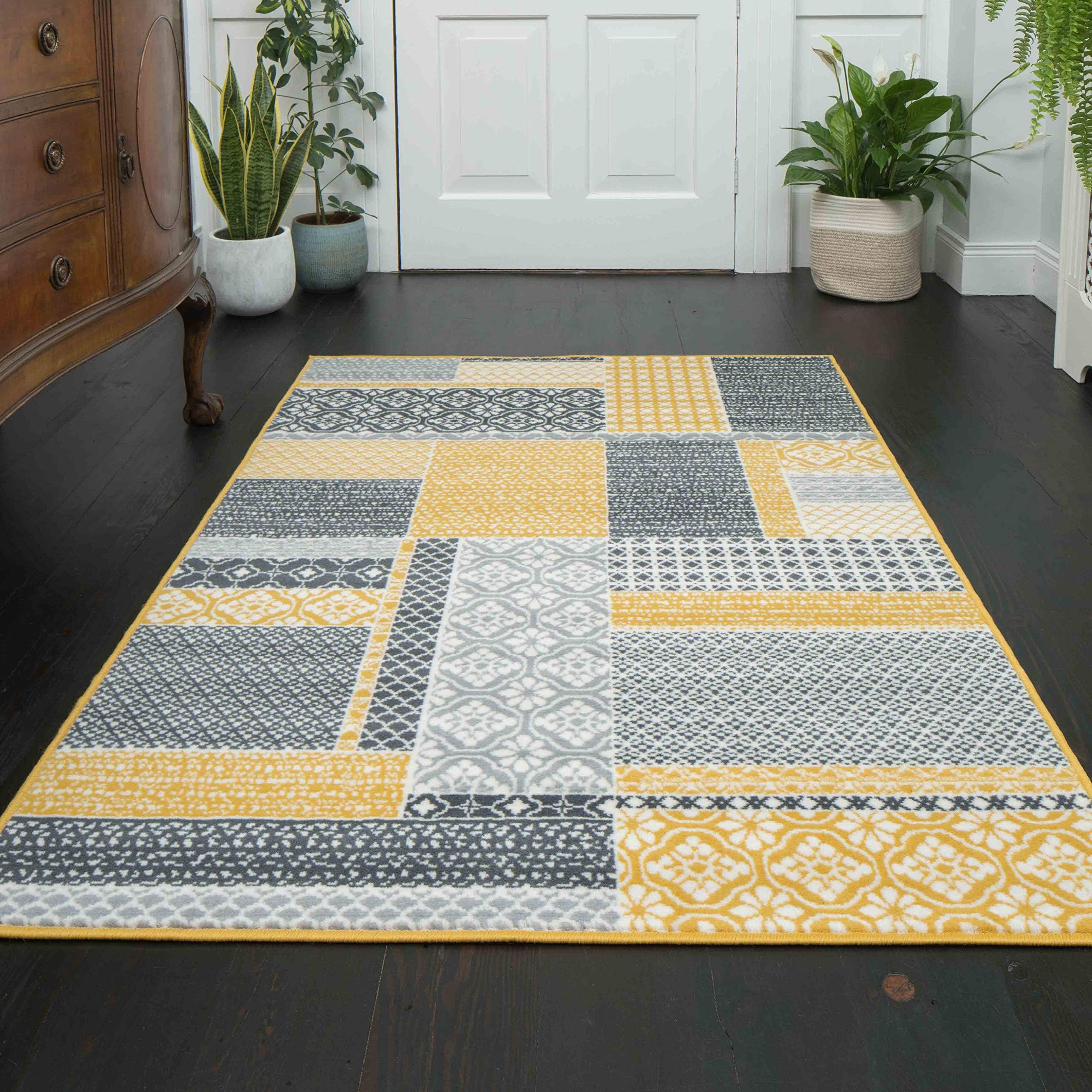 Milan Ochre Mustard Yellow Grey Patchwork Squares Traditional Lounge ...