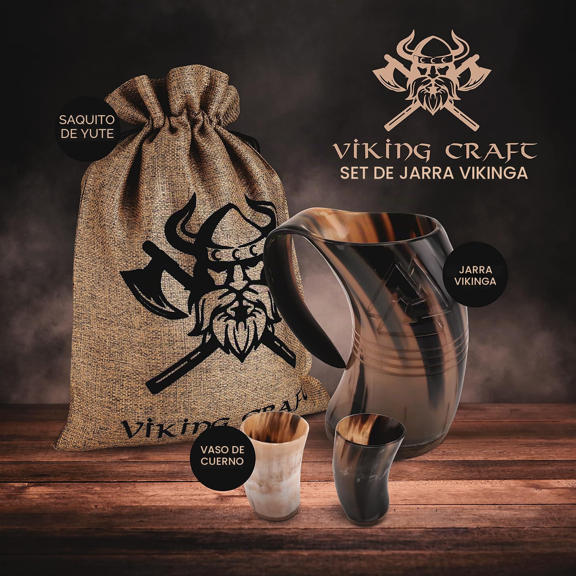 VIKING CRAFT® Jarra Vikinga Con Cuerno de 600 ml - Odin y 2 Vasos Para Aguamiel - Decoración Medieval, LARP, Cuencos