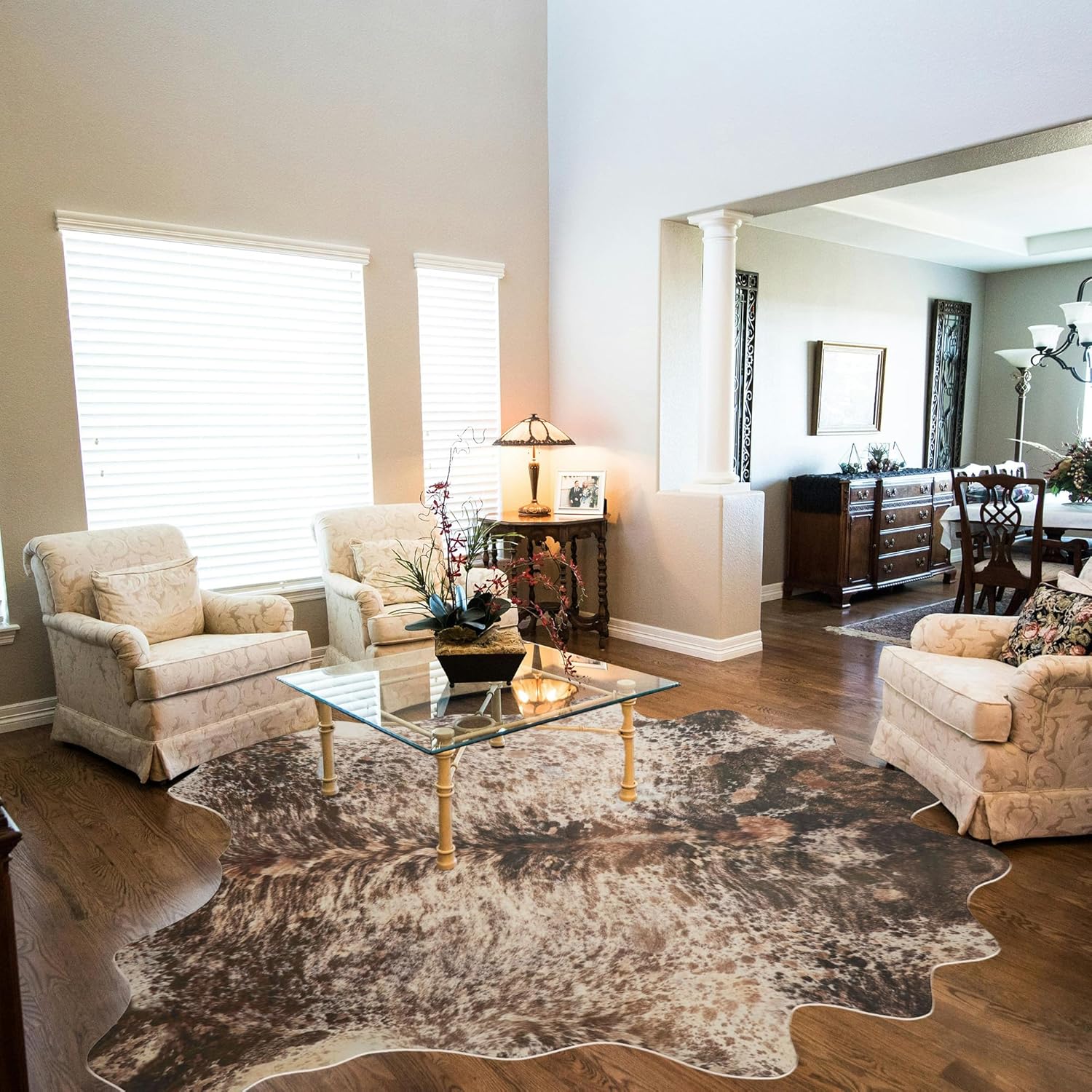 Brown Faux Cowhide Rug 8x10ft Washable Cowhide Rug No-Slip Animal Print Western Decor for Living Room Bedroom Kitchen Bathroom-No Fur