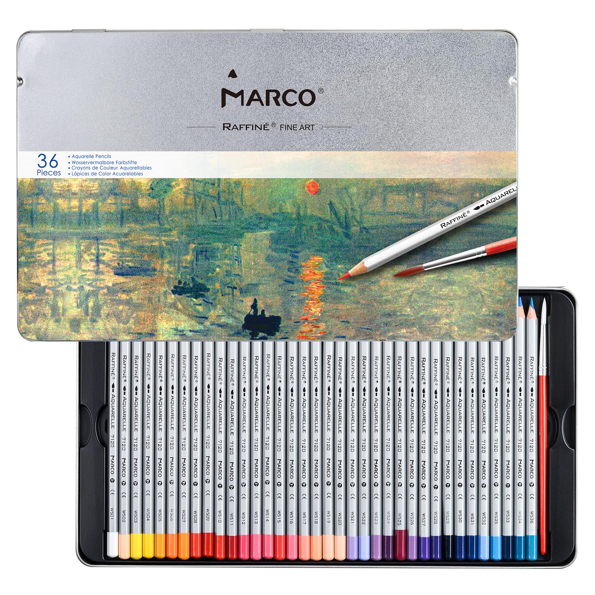 MARCO 7120 Buntstifte - 36 Wasserlösliche Farben - Sechskantige Holzstifte mit Pinsel - Set für Anfänger - In einer eisernen Schachtel verpackt, leicht tragbar (D7120-36TN)
