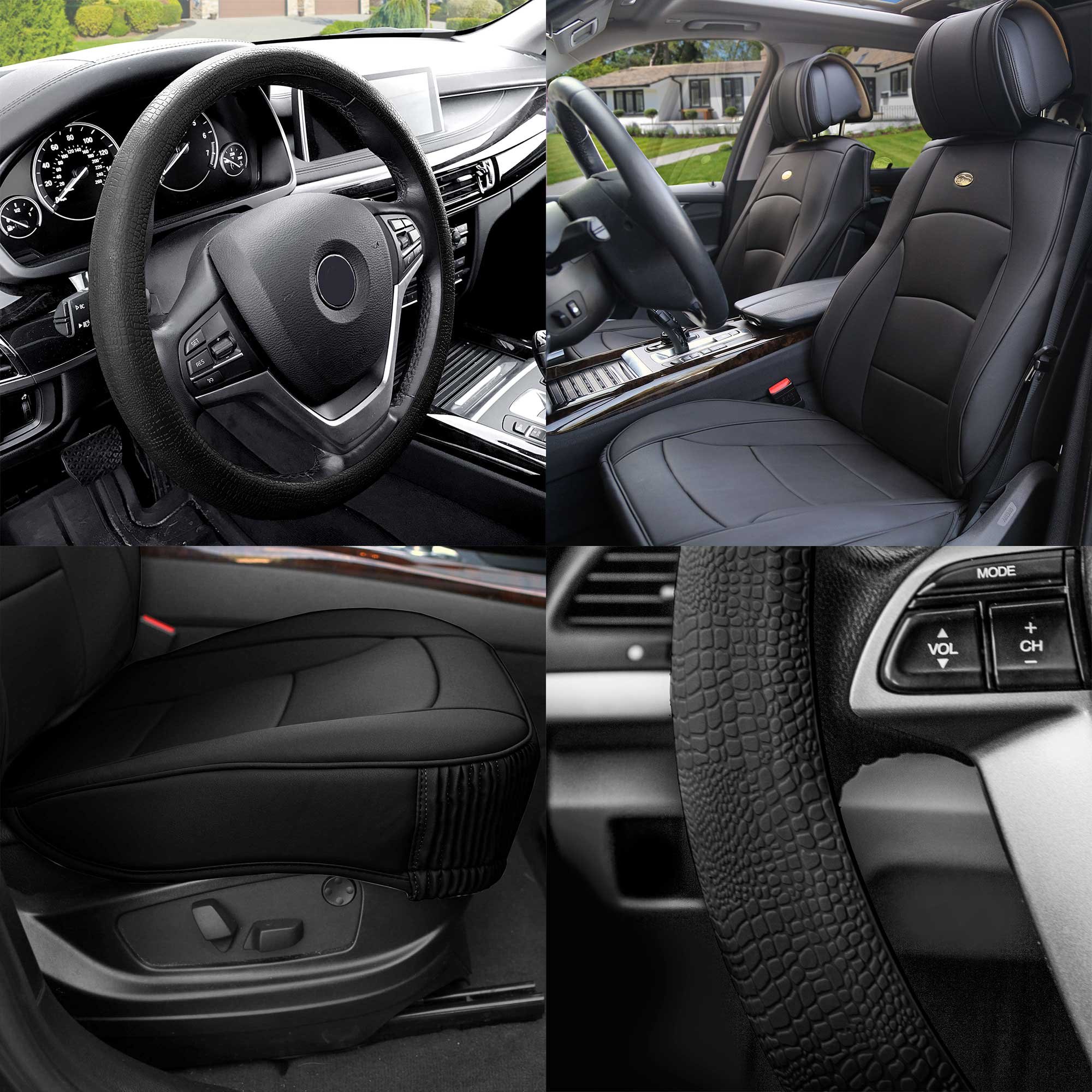 FH Group Ultra Comfort Highest Grade Faux Leather Seat Cushions for Front Set with Gift – Universal Fit for Cars Trucks & SUVs (Solid Black)