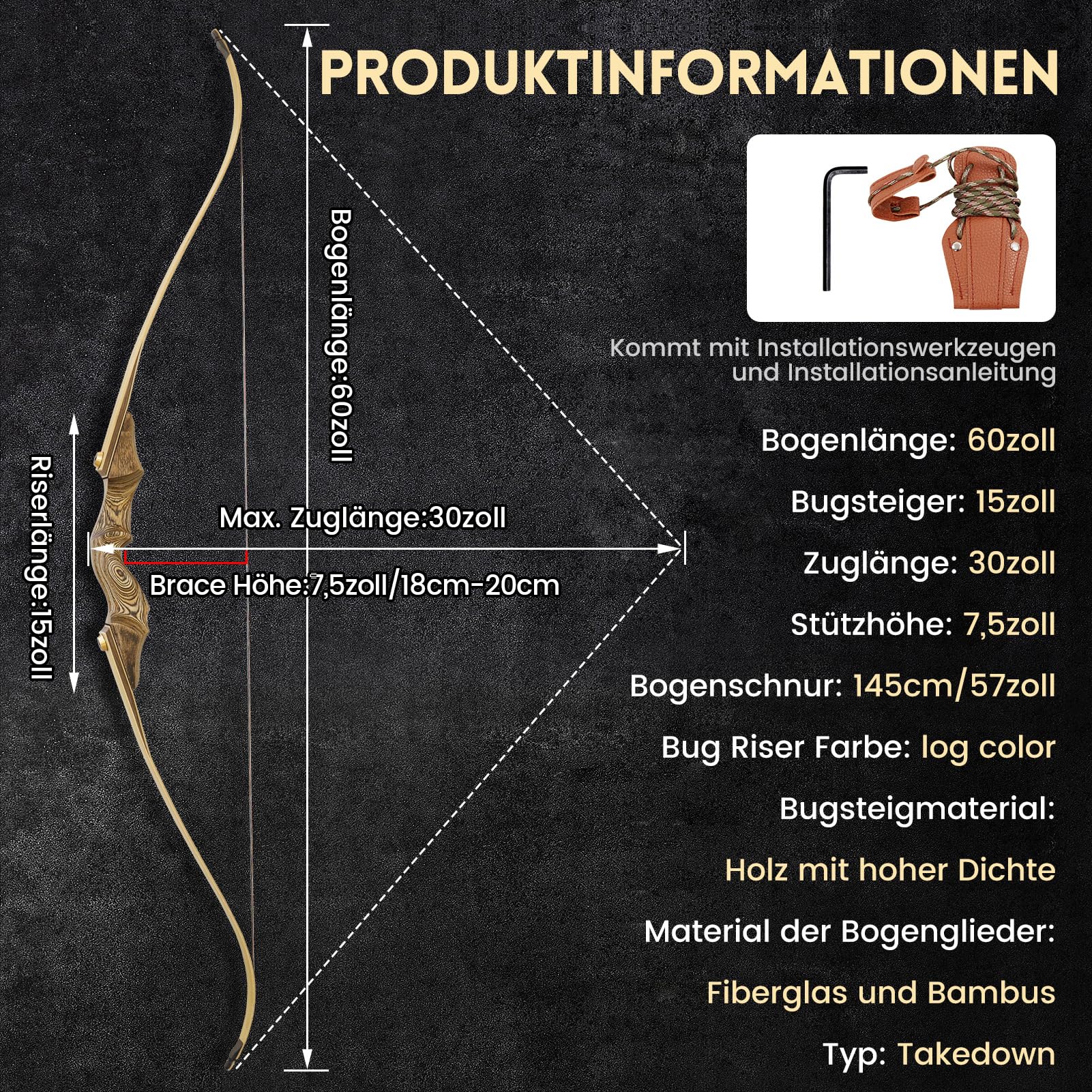 Black Hunter Bogen 60inch Bogenschießen Takedown Recurvebogen 20-60 Lbs Rechte Hand Jagdbogen Mit Stringer Tool Holz Riser Bogen Set Für Erwachsene Schießübungen