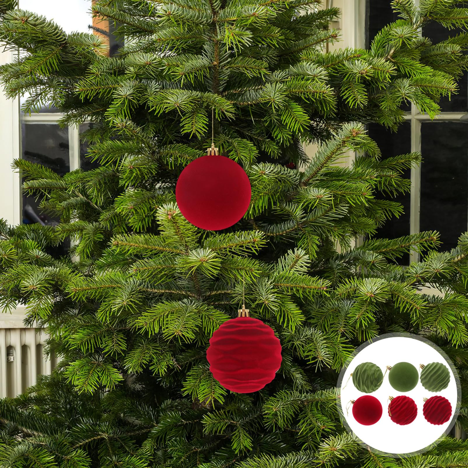 PartyKindom 12stücke Beflockte Christbaumkugeln Rot und Grün Dekorative Weihnachtsbaumkugeln als Hängekugeln für Weihnachtsdeko