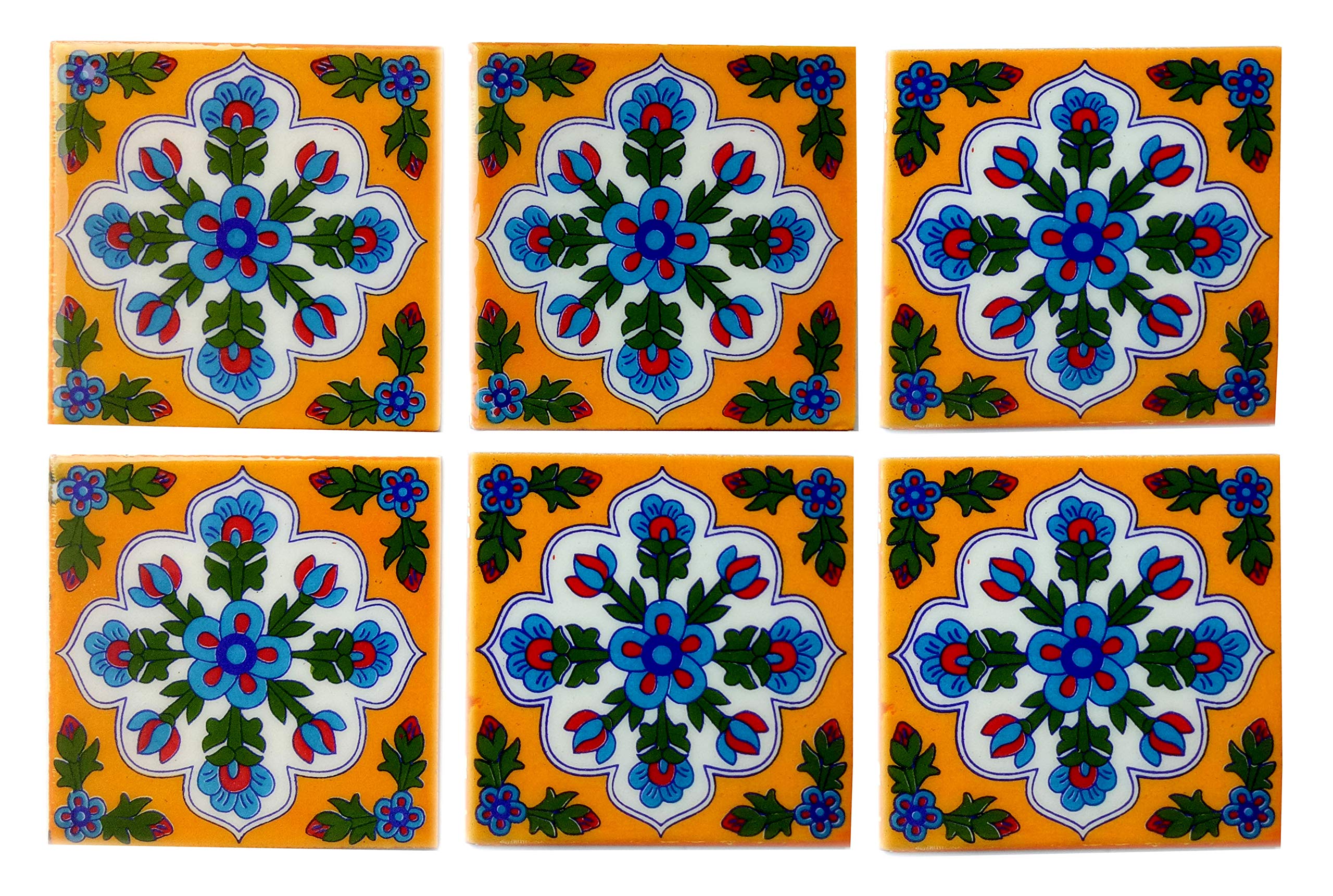 SHIV KRIPA Blue Pottery Floral Decorative Mosaic Tiles 3 x 3 Inch Set of 6 Tiles