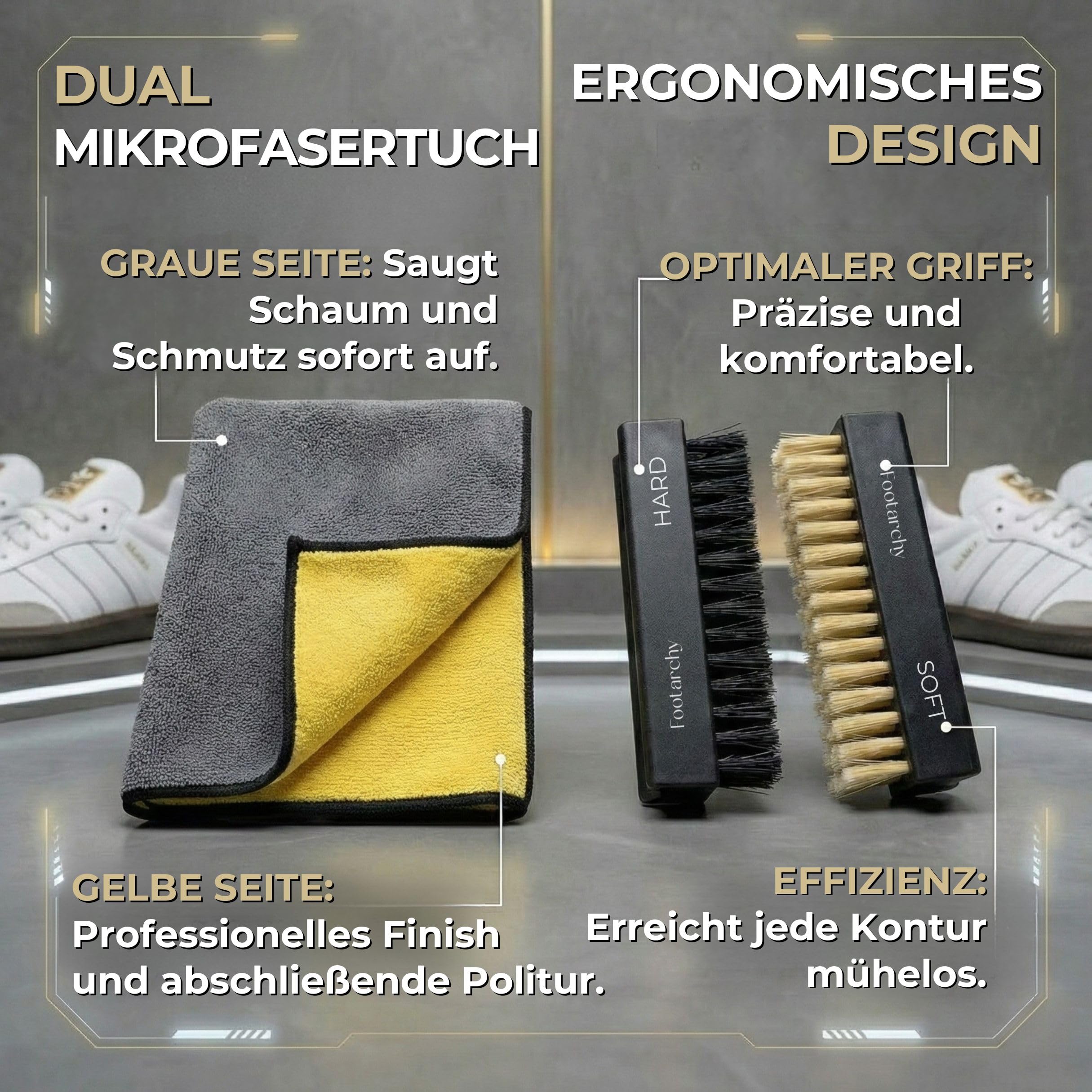 Kit di pulizia professionale - Schiuma 150 ml con 2 spazzole (Soft e Hard) e microfibra a doppia faccia, ideale per pelle gomma plastica e suole - detergente scarpe senza acqua