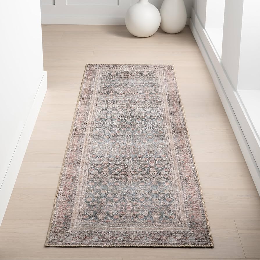 nuLOOM Hillstone Collection 2'8" x 8' Area Rug, Traditional Vintage Distressed Medallion, Thick and Soft, Durable Non-Shedding Low Pile Poly/Jute Blend, Living Room, Bedroom, Elfrieda Blue