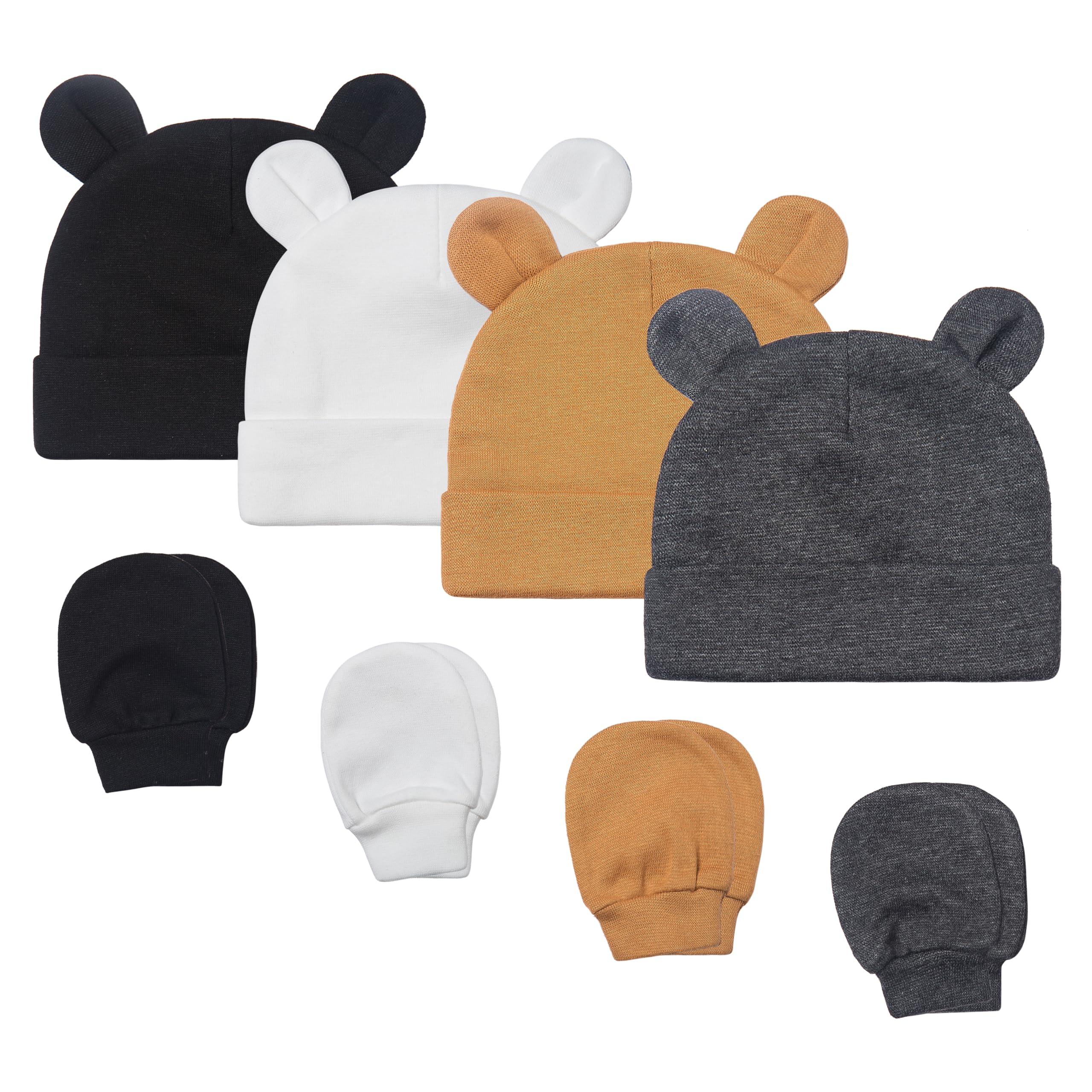 FITFIFTH POD Baby Girl Boy Cotton Cute Beanie Hat 0~6Months Double Layer Fabric 8PCS Infant Bear Ears Cap Anti-Scratch Gloves