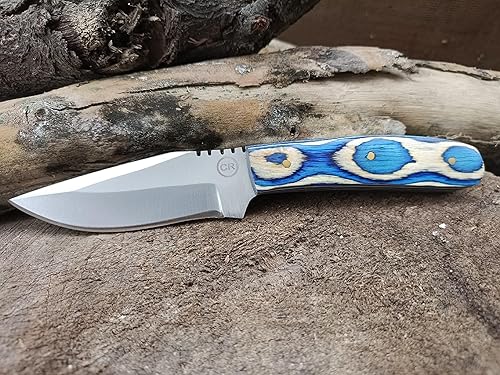 Miniatura 2 de Cuchillo vaquero de hoja fija hecho a mano de 7 pulgadas con funda de cuero, hoja afilada de acero inoxidable y mango de madera de Pakka azul para