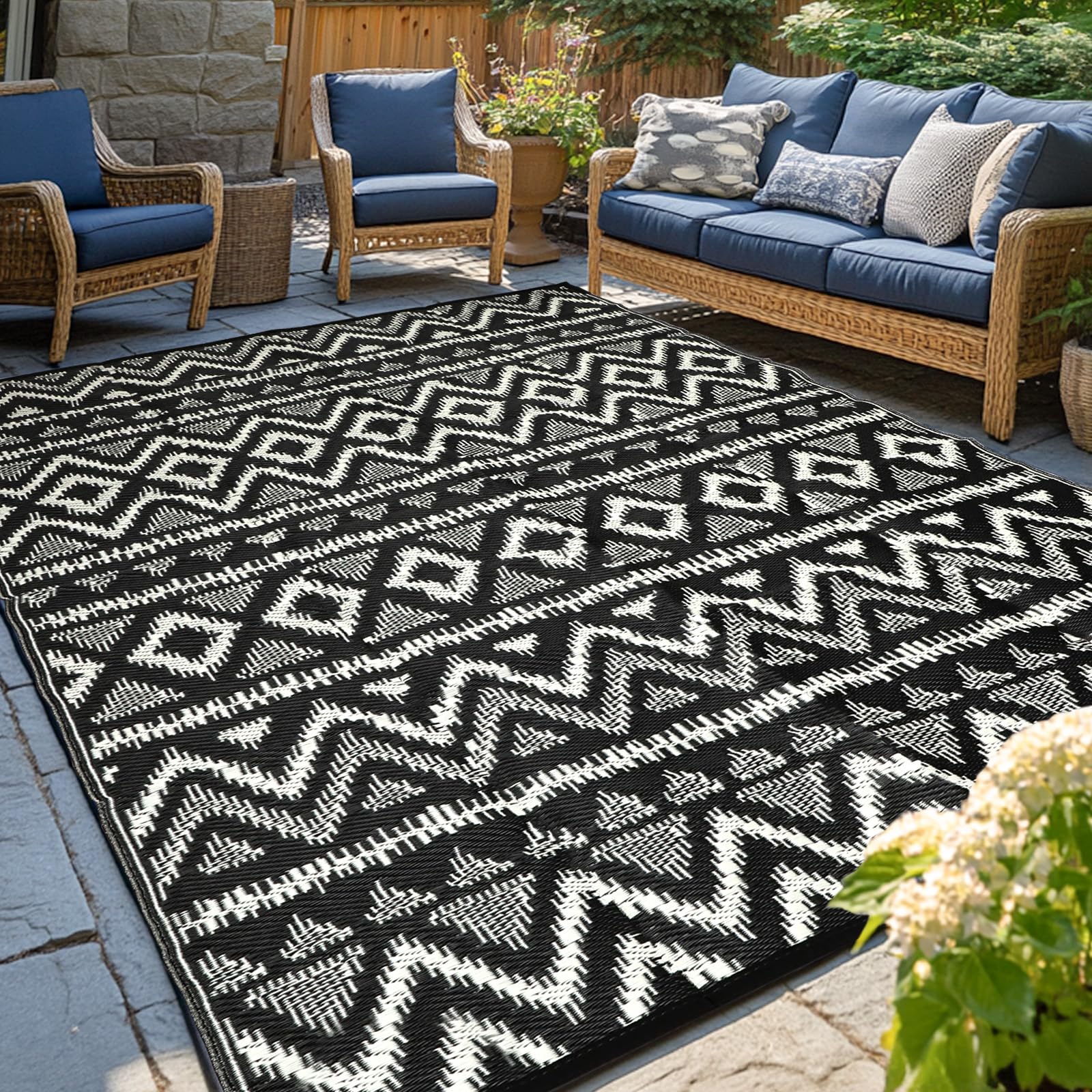 Tapis d'extérieur imperméable, 1,5 x 2,4 m, Tapis réversible en Paille en Plastique, Facile à Nettoyer, Tapis Portable pour Patio, Camping-Car, terrasse, Balcon, Jardin, Pique-Nique, Plage, Diamant
