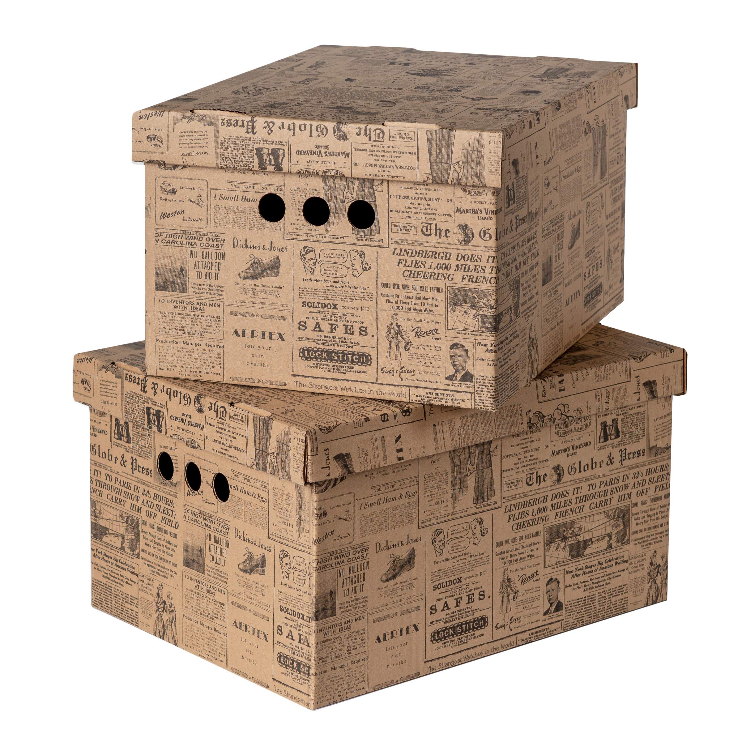 SOFTILLO Pack of 2 Decorative Storage Boxes With Lids Home Office Bedroom Wardrobe Box Organiser Archive Box with Lid Multi-Use General Storage Archive Box with Lid Stylish Set Large Old Newspaper