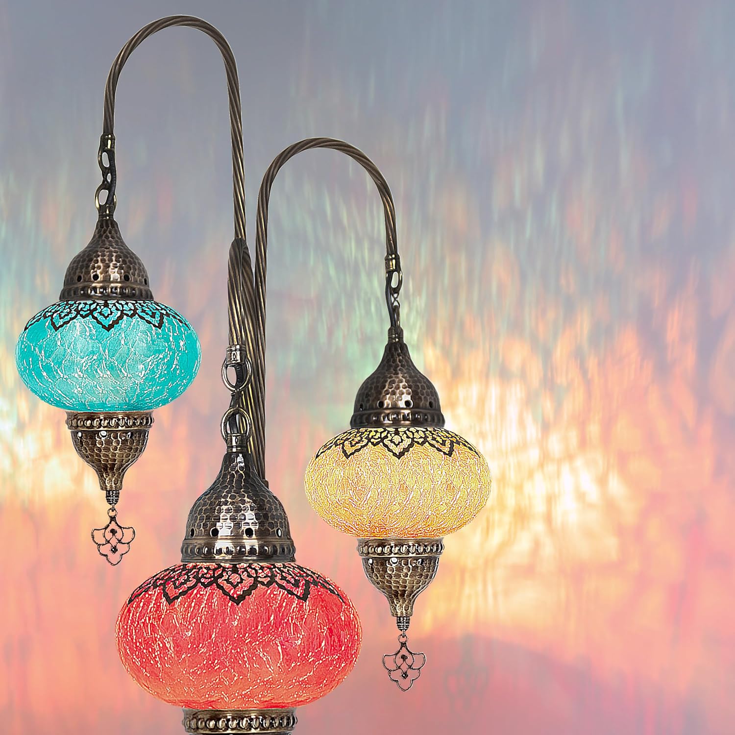 Elevate Your Bedroom Décor with This Handcrafted Turkish Bedside Lamp - A Unique 3-Globe Moroccan Table Lamp Featuring Cracked Glass and Victorian Charm, Perfect as a Vibrant Turkish Table Accent.