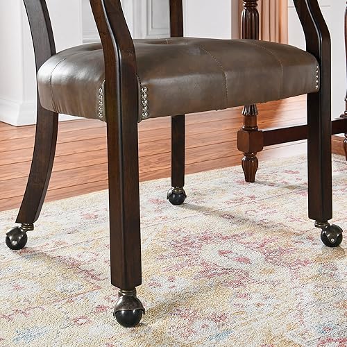Miniatura 7 de Juego de 8 sillas de cuero de comedor con ruedas y brazos, sillas de mesa de cocina con ruedas, sillas de mesa de póquer con ruedas, capitanes de